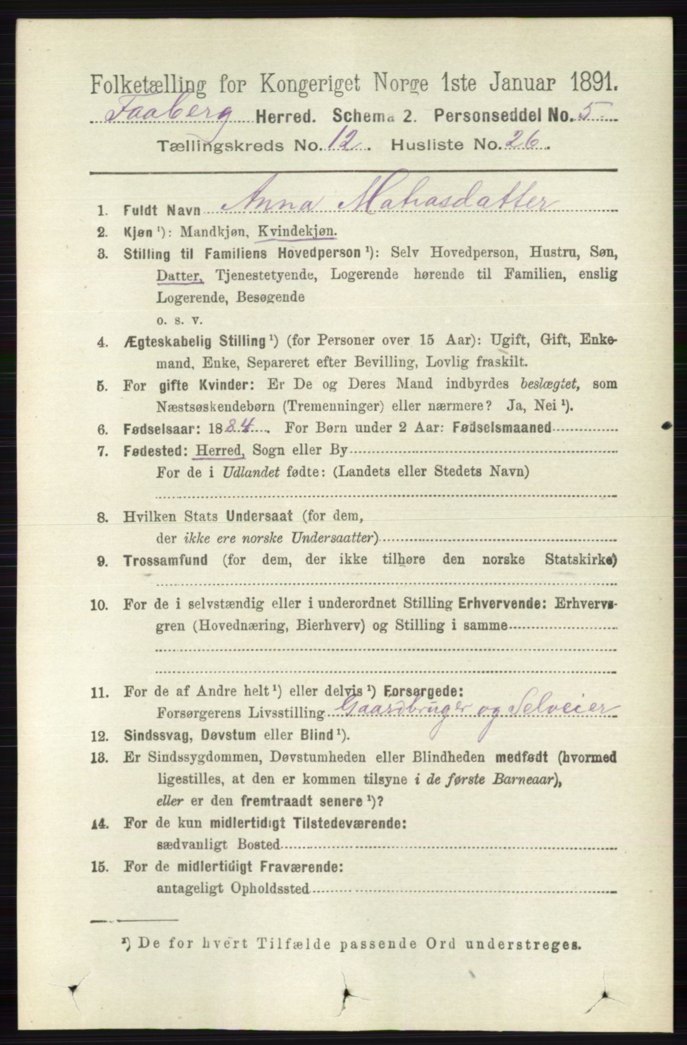 RA, 1891 census for 0524 Fåberg, 1891, p. 4902