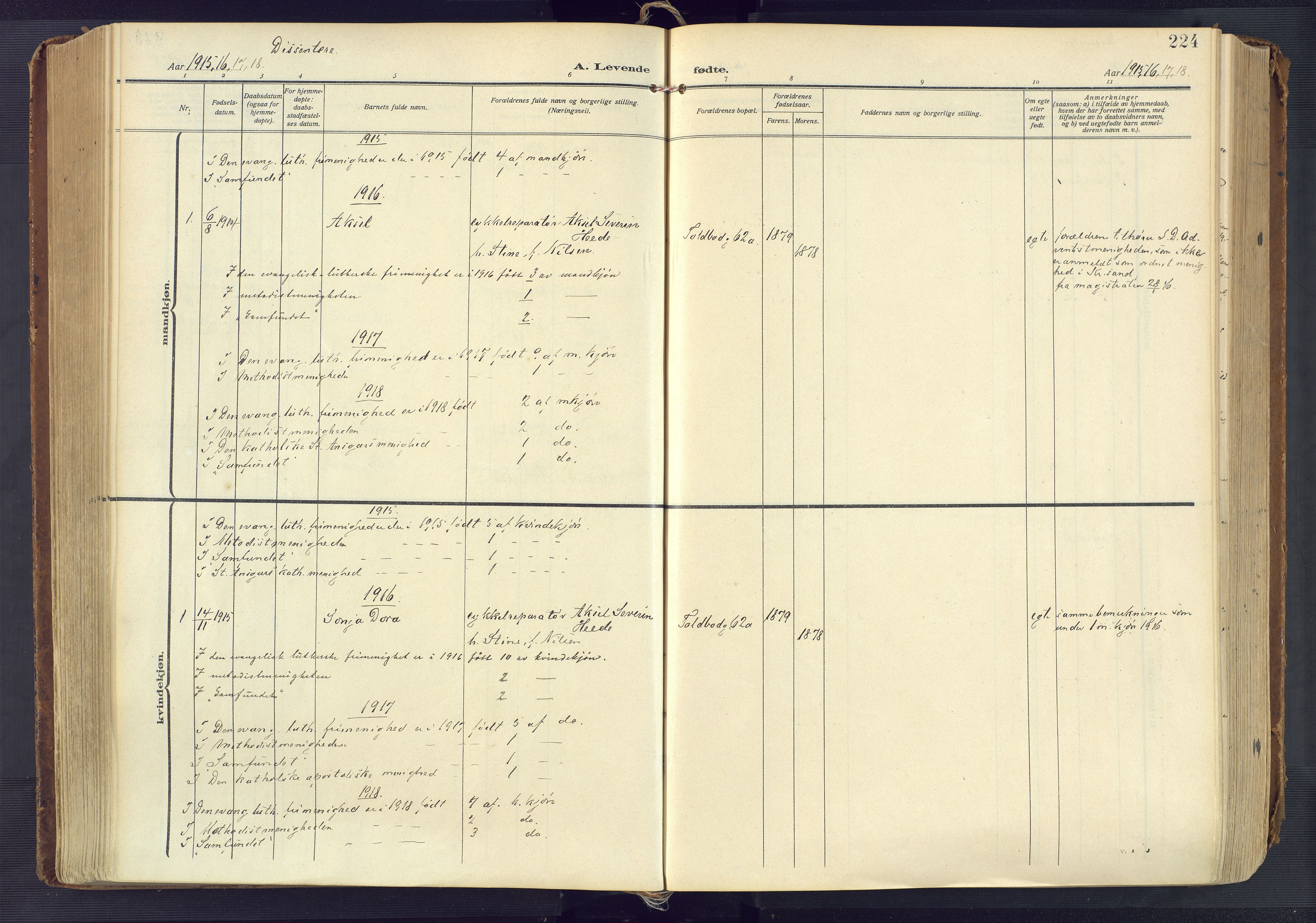 Kristiansand domprosti, AV/SAK-1112-0006/F/Fa/L0023: Parish register (official) no. A 22, 1909-1917, p. 224