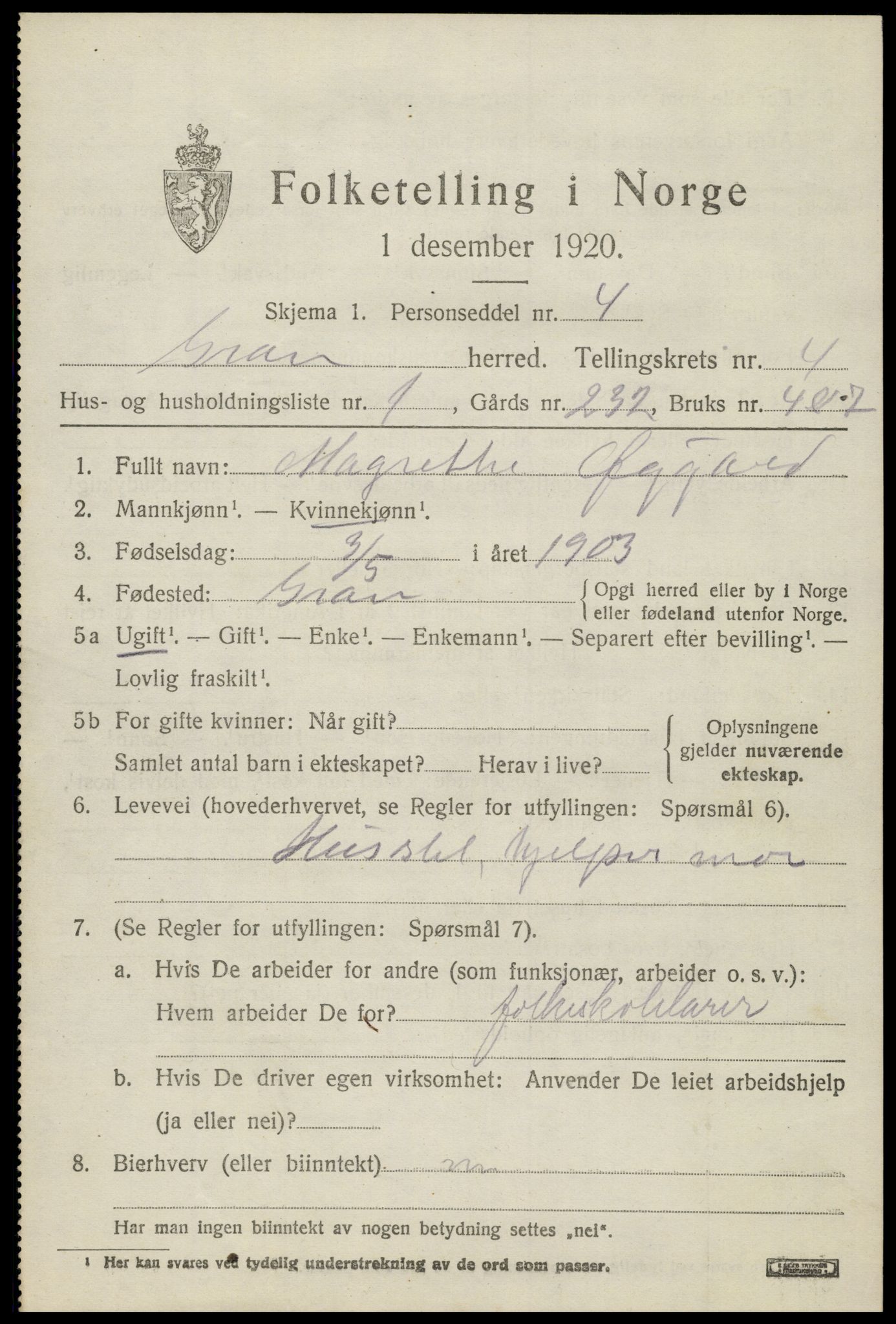 SAH, 1920 census for Gran, 1920, p. 6344