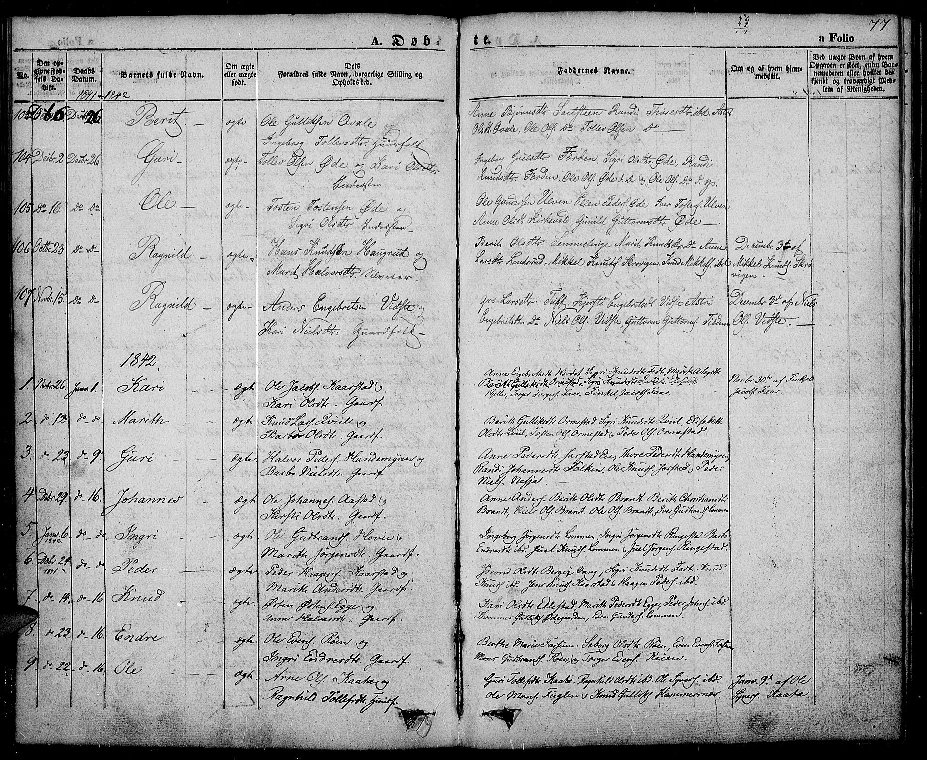 Slidre prestekontor, SAH/PREST-134/H/Ha/Haa/L0003: Parish register (official) no. 3, 1831-1843, p. 77