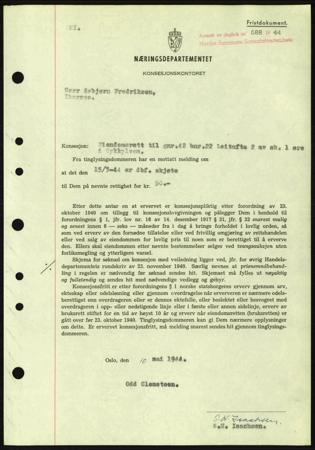 Nordre Sunnmøre sorenskriveri, SAT/A-0006/1/2/2C/2Ca: Mortgage book no. B6-14 a, 1942-1945, Diary no: : 588/1944