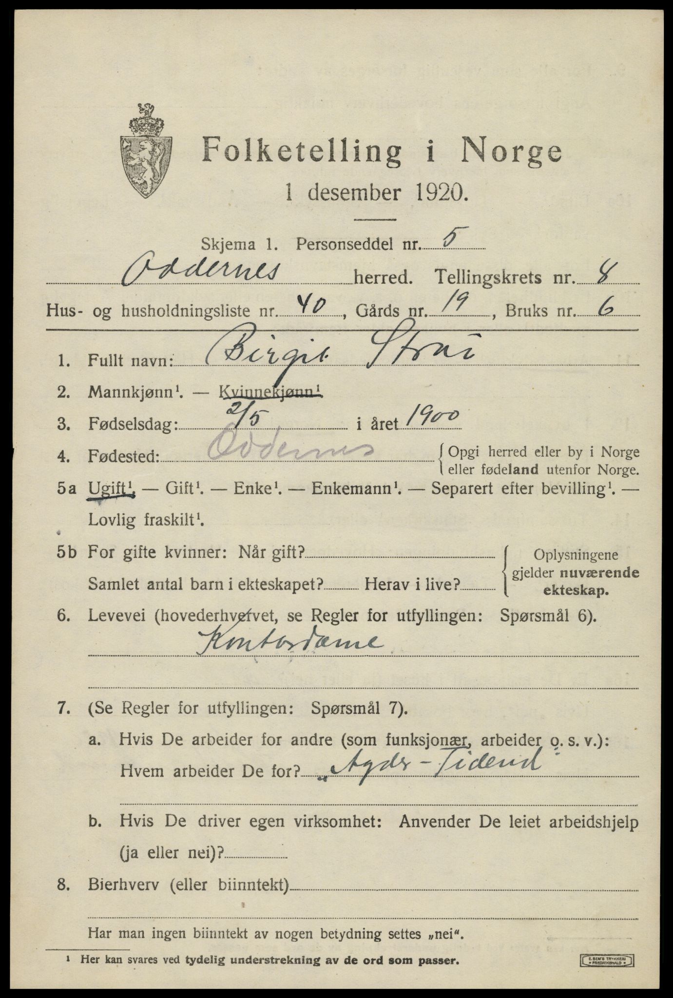 SAK, 1920 census for Oddernes, 1920, p. 6041