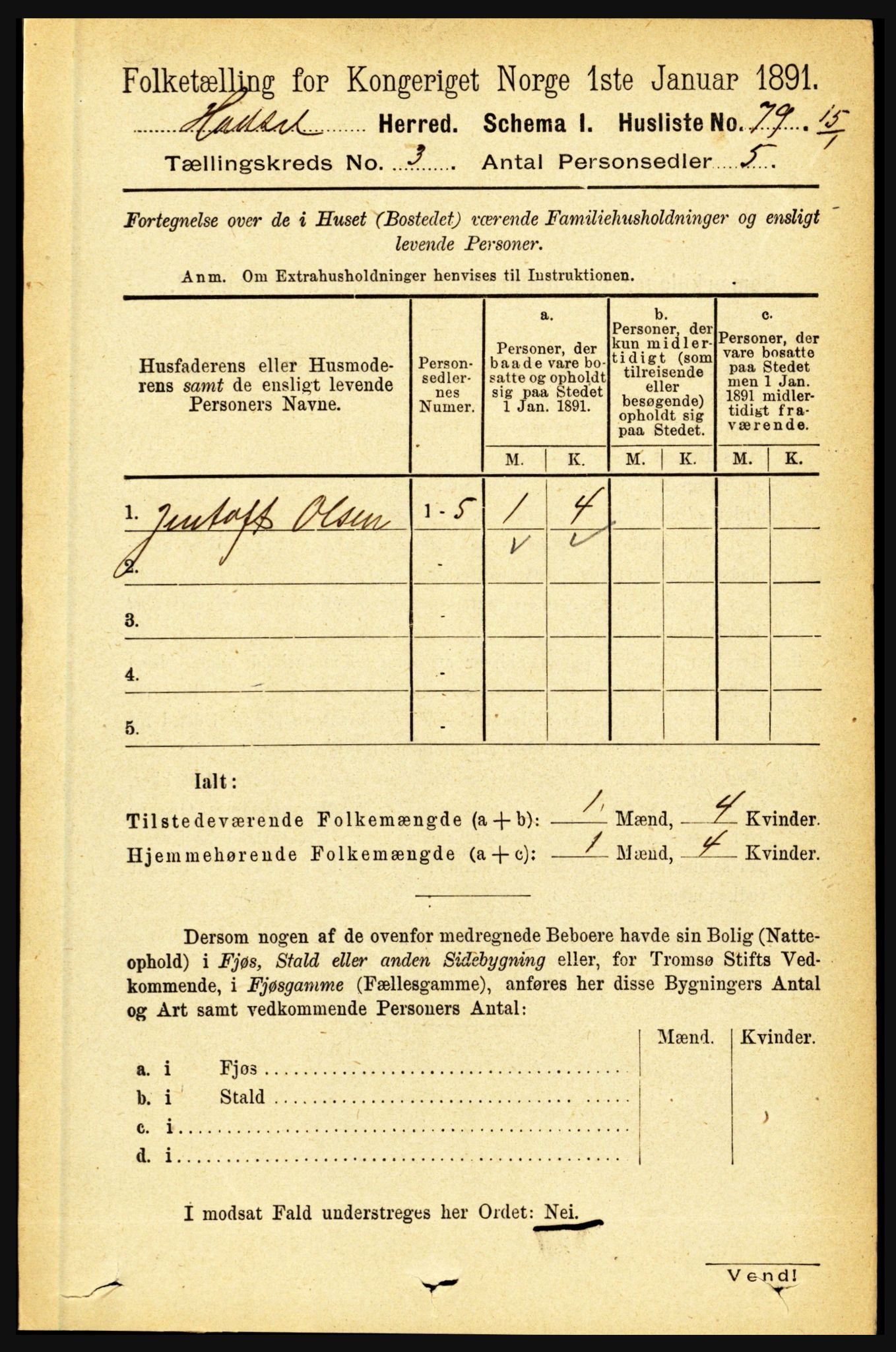 RA, 1891 census for 1866 Hadsel, 1891, p. 1077