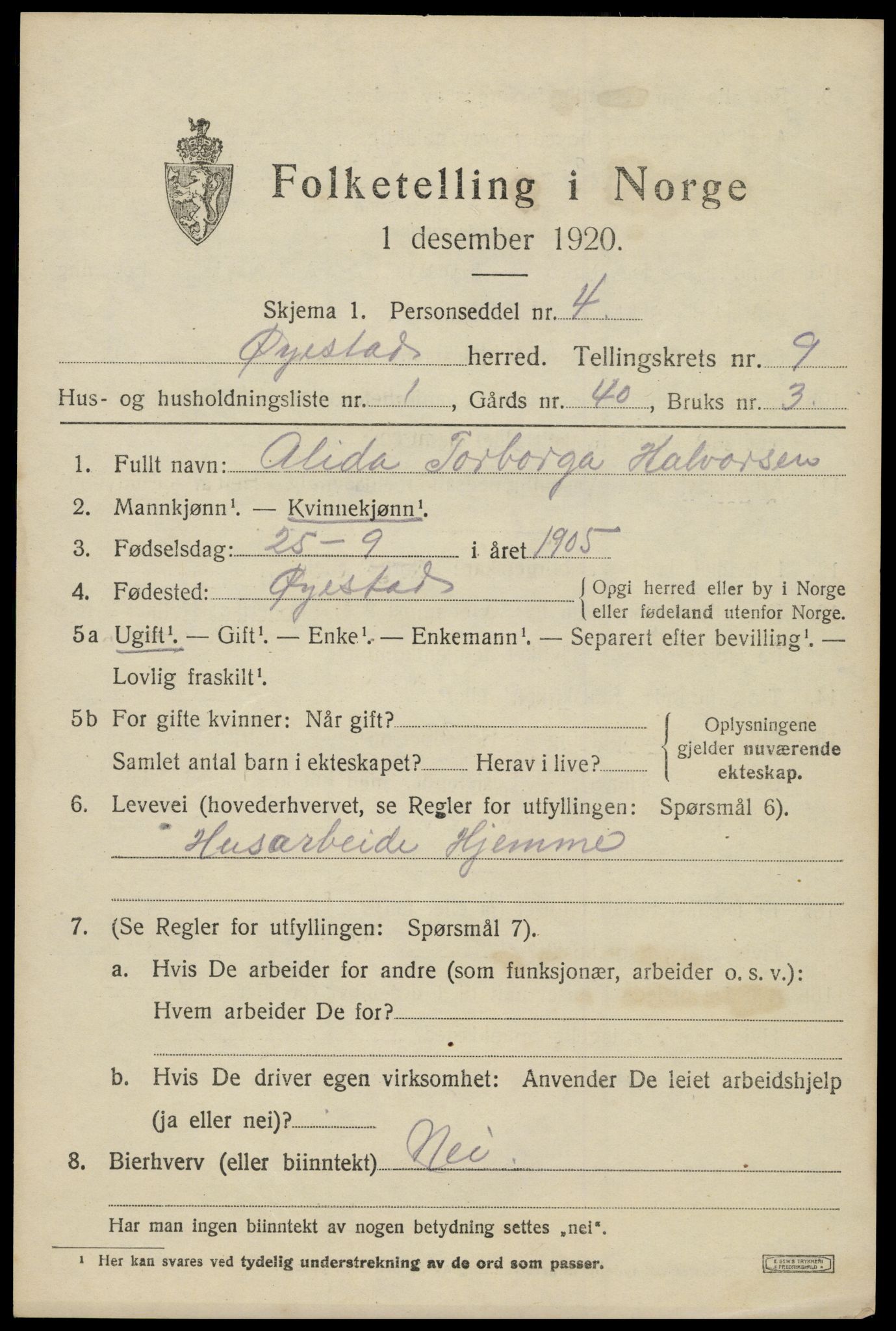 SAK, 1920 census for Øyestad, 1920, p. 5918