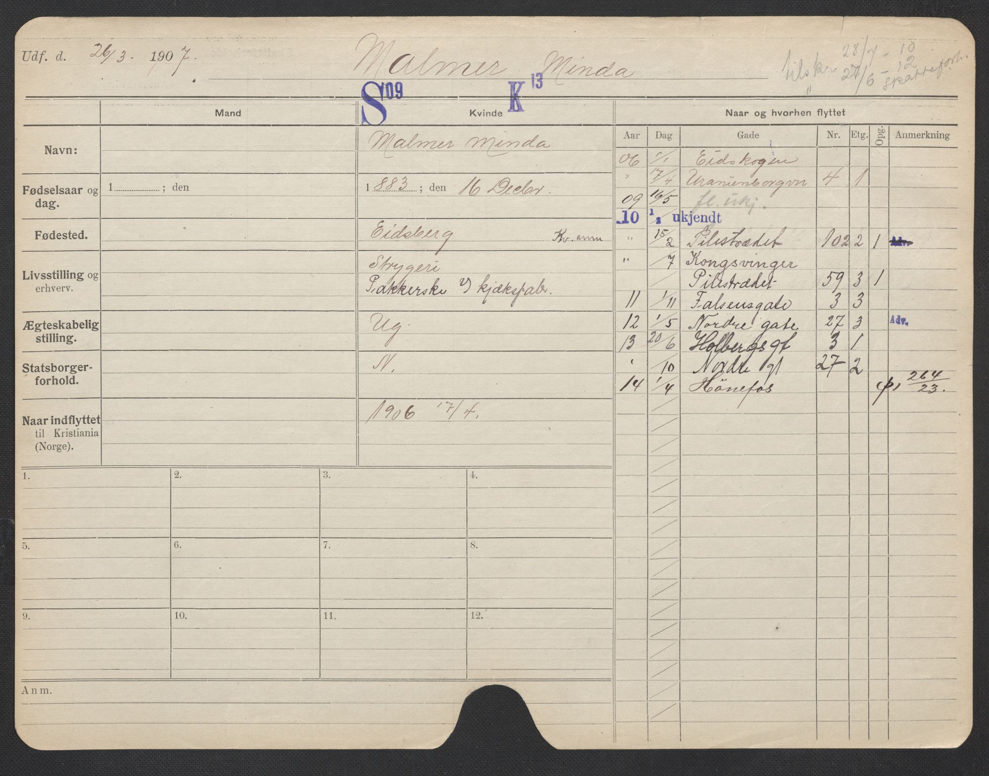 Oslo folkeregister, Registerkort, AV/SAO-A-11715/F/Fa/Fac/L0020: Kvinner, 1906-1914, p. 552a