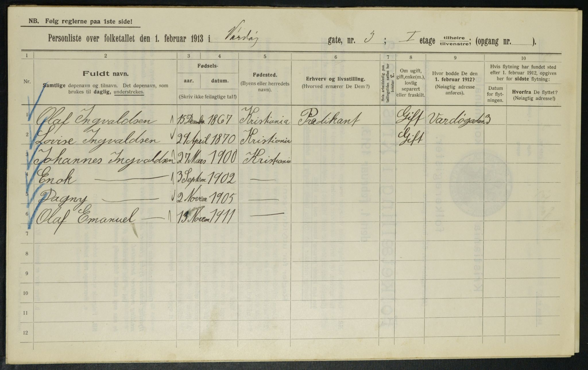 OBA, Municipal Census 1913 for Kristiania, 1913, p. 121739