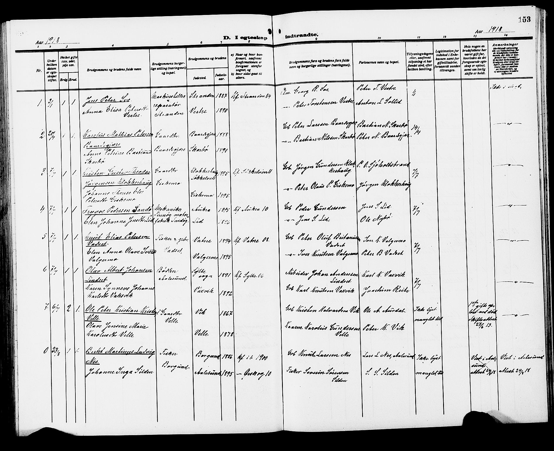 Ministerialprotokoller, klokkerbøker og fødselsregistre - Møre og Romsdal, SAT/A-1454/522/L0328: Parish register (copy) no. 522C07, 1909-1925, p. 153
