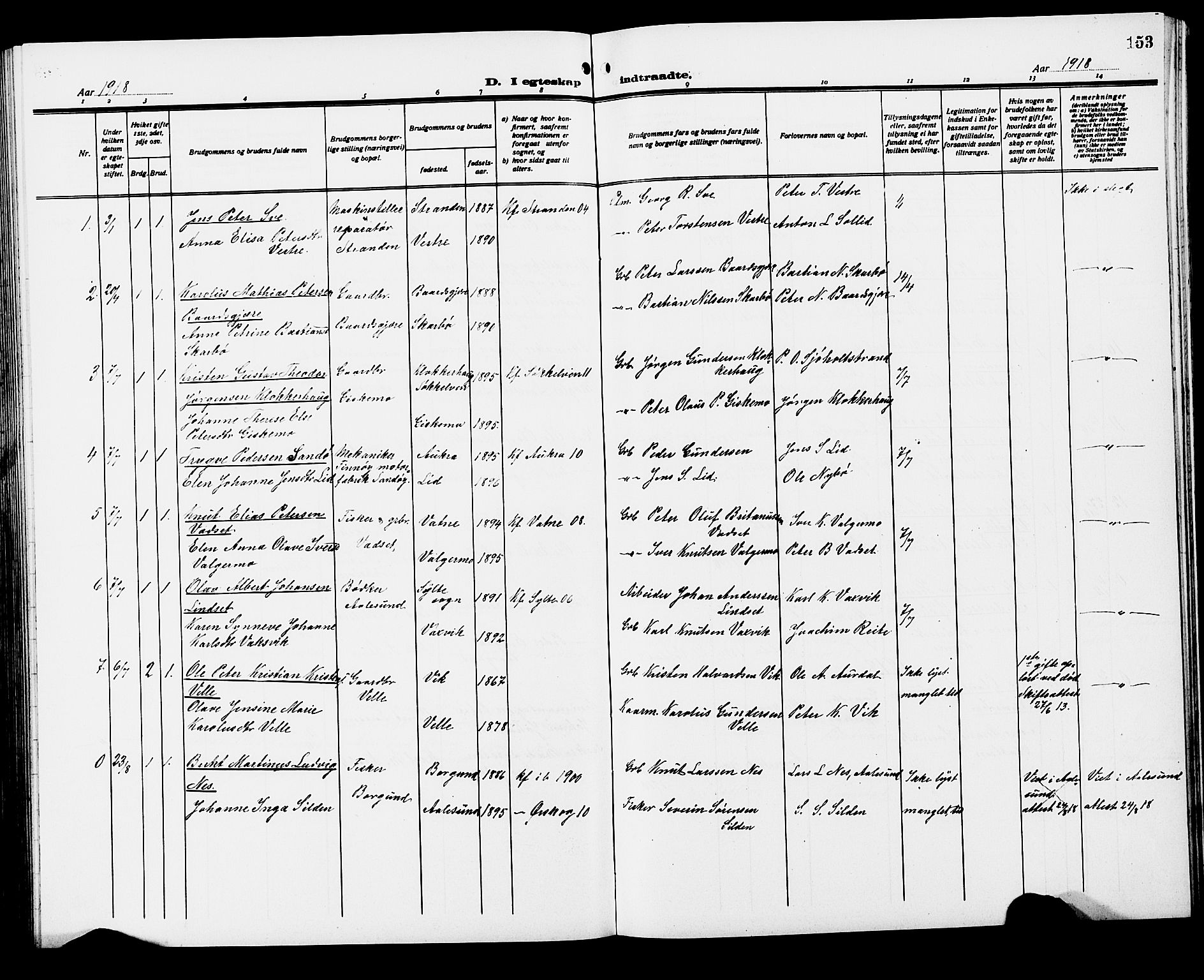 Ministerialprotokoller, klokkerbøker og fødselsregistre - Møre og Romsdal, AV/SAT-A-1454/522/L0328: Parish register (copy) no. 522C07, 1909-1925, p. 153