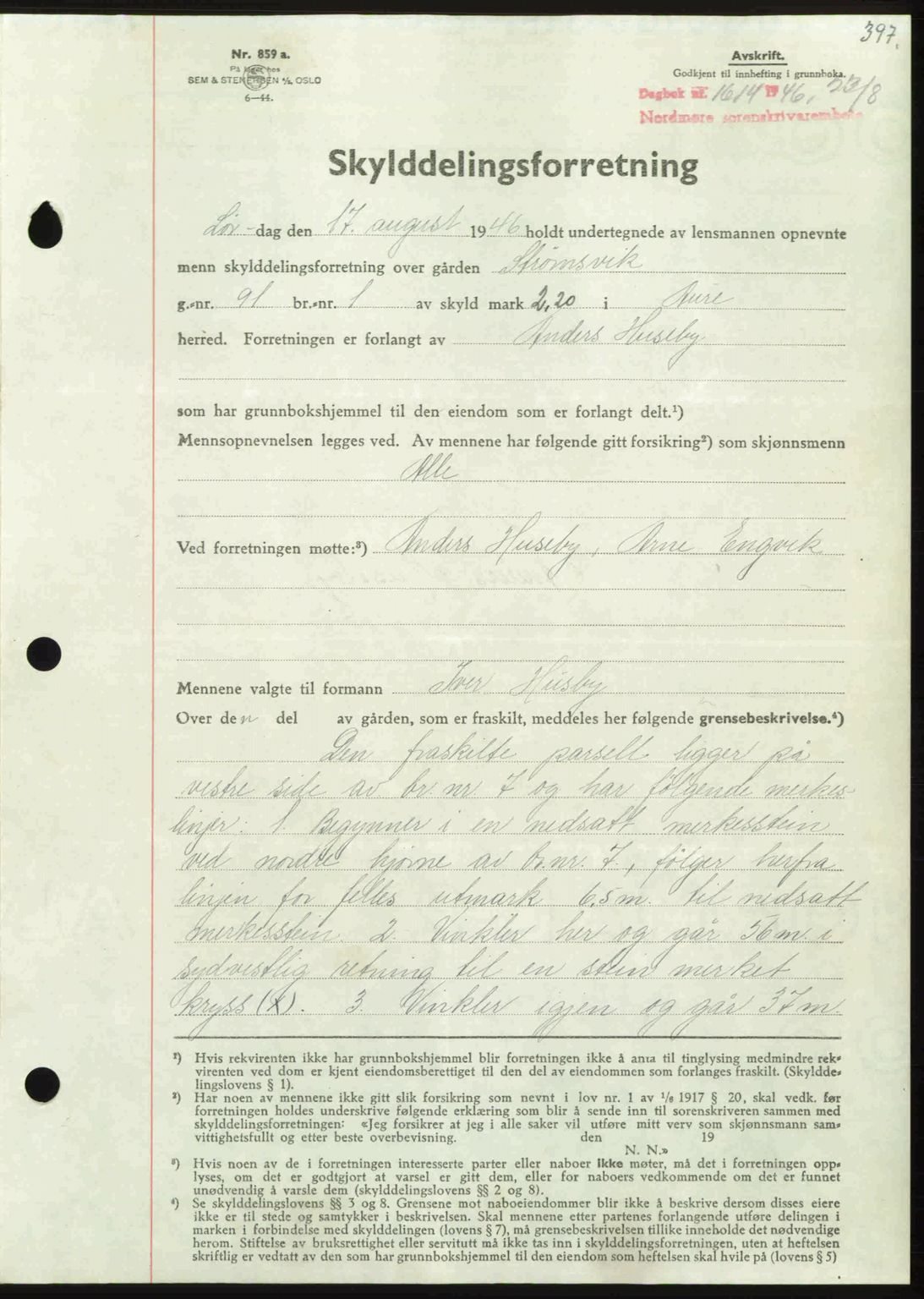 Nordmøre sorenskriveri, AV/SAT-A-4132/1/2/2Ca: Mortgage book no. A102, 1946-1946, Diary no: : 1614/1946