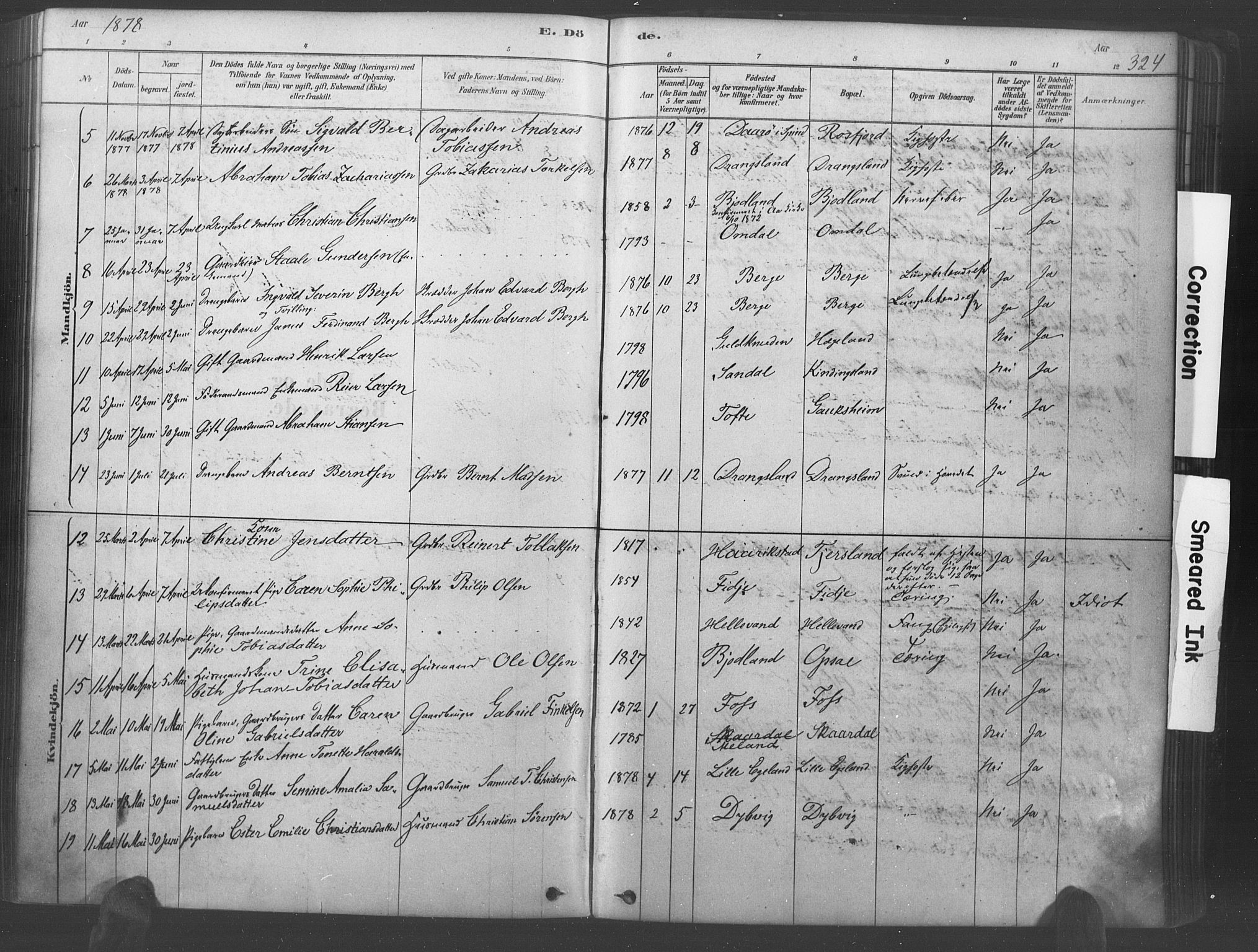 Lyngdal sokneprestkontor, AV/SAK-1111-0029/F/Fa/Fac/L0011: Parish register (official) no. A 11, 1878-1893, p. 324