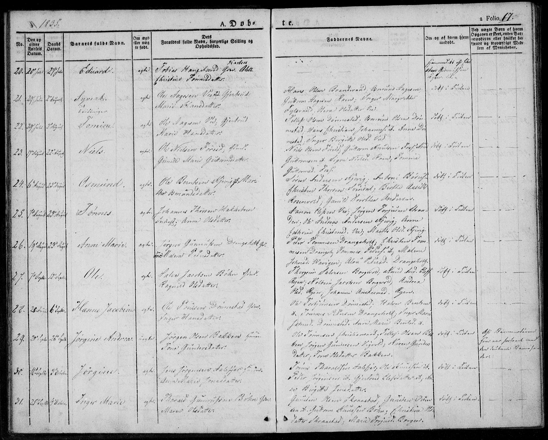 Tveit sokneprestkontor, AV/SAK-1111-0043/F/Fa/L0003: Parish register (official) no. A 3, 1829-1852, p. 17