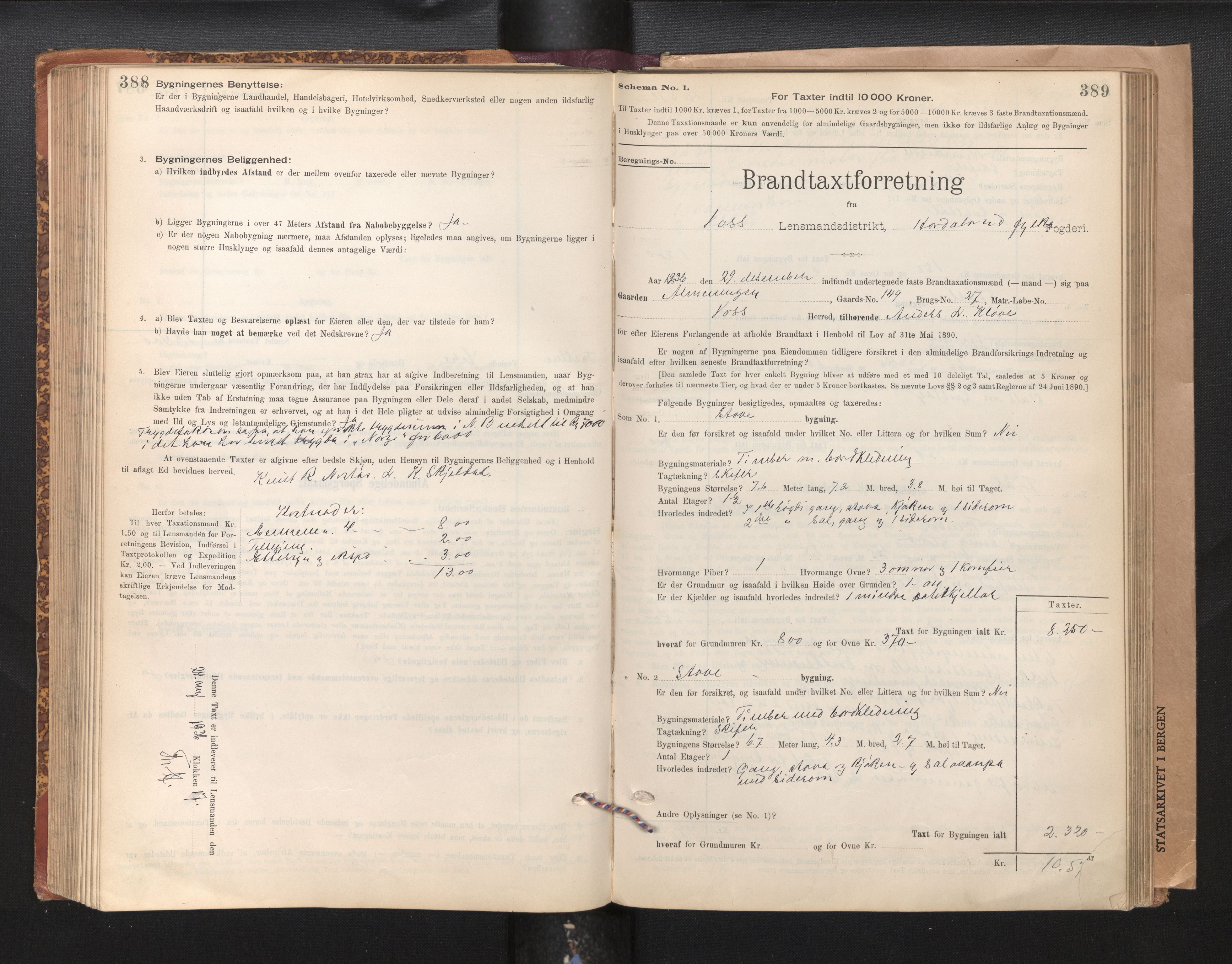 Lensmannen i Voss, SAB/A-35801/0012/L0008: Branntakstprotokoll, skjematakst, 1895-1945, p. 388-389