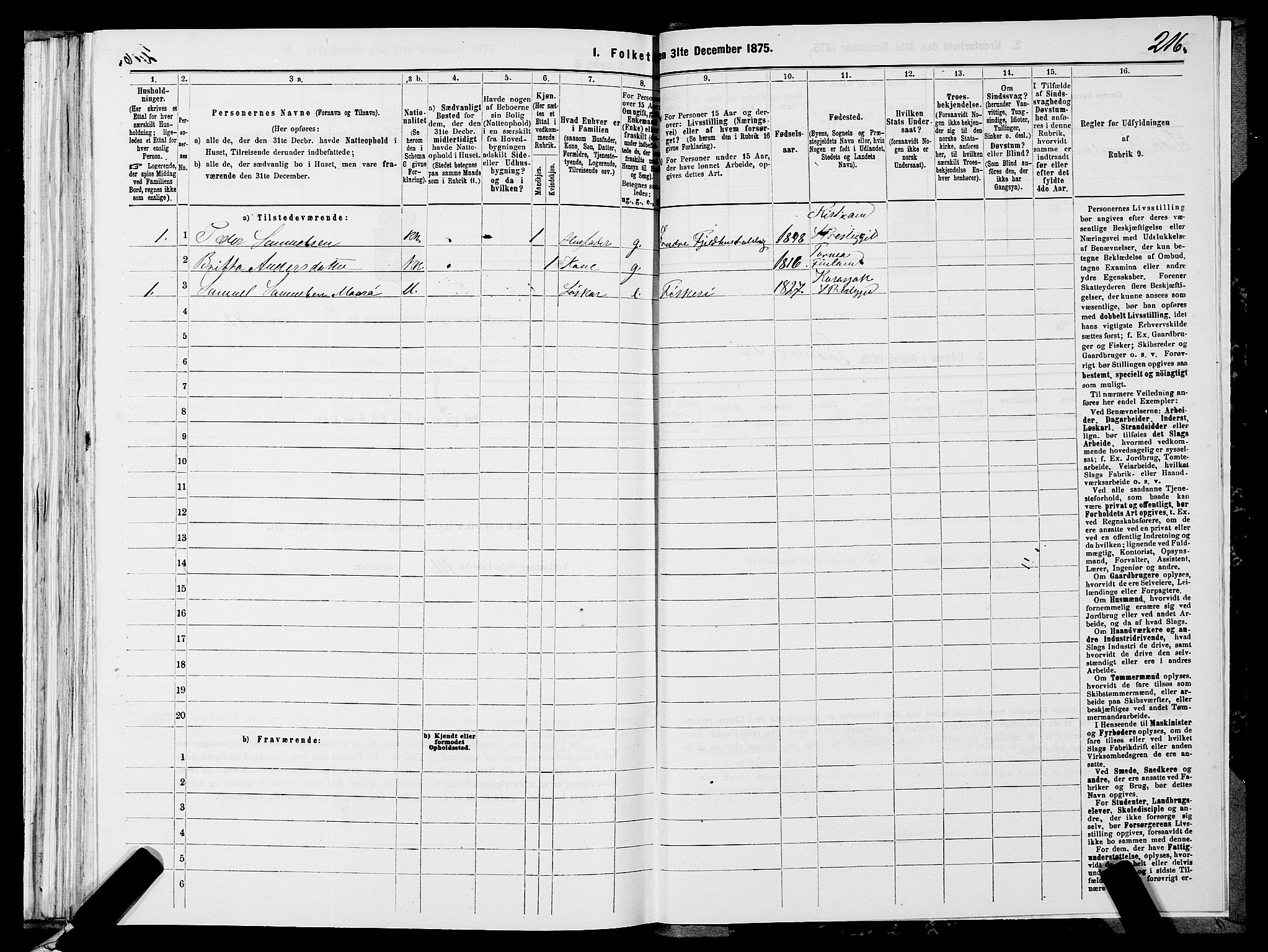 SATØ, 1875 census for 2020P Kistrand, 1875, p. 1216