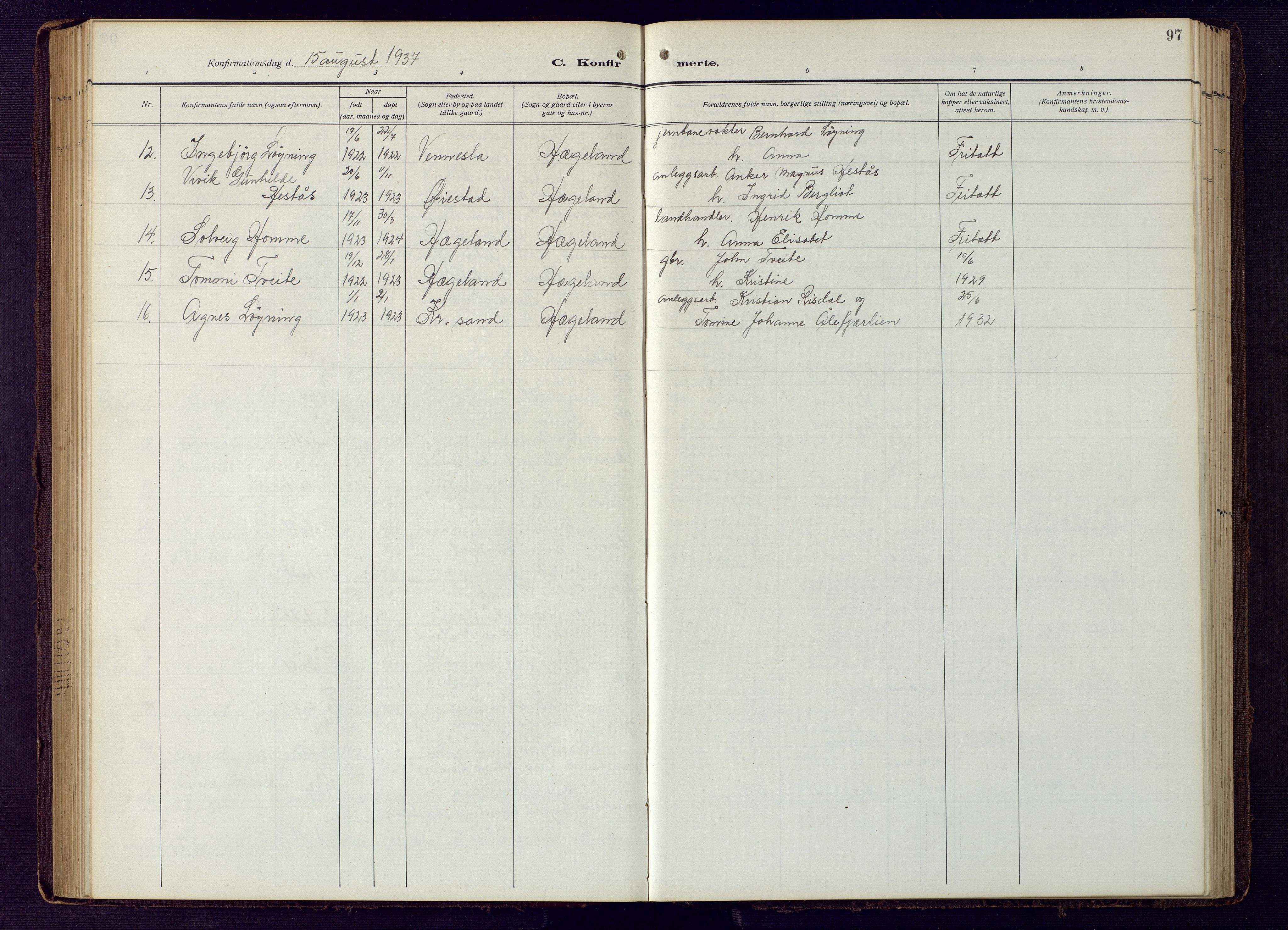 Vennesla sokneprestkontor, SAK/1111-0045/Fb/Fba/L0004: Parish register (copy) no. B 4, 1917-1948, p. 97