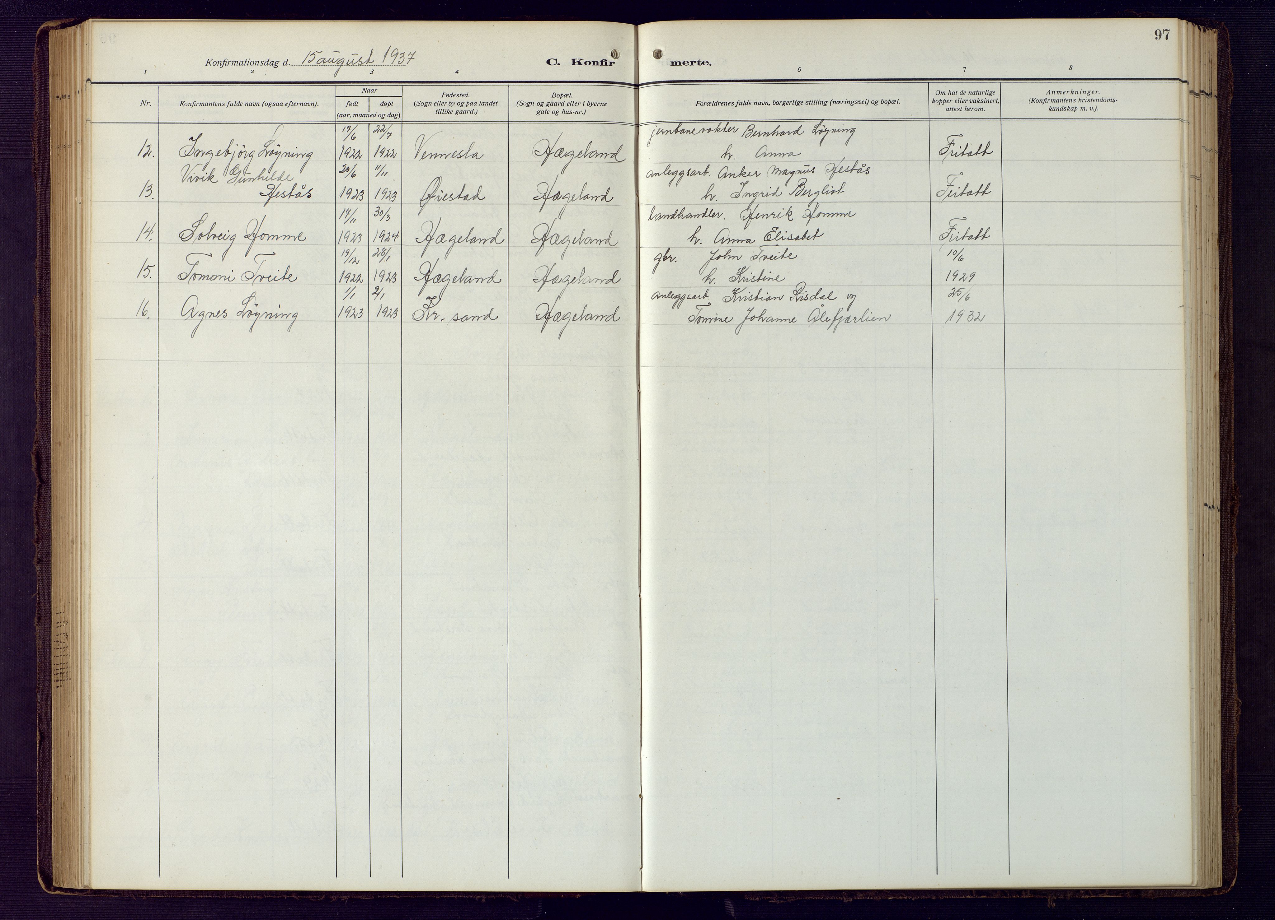 Vennesla sokneprestkontor, AV/SAK-1111-0045/Fb/Fba/L0004: Parish register (copy) no. B 4, 1917-1948, p. 97