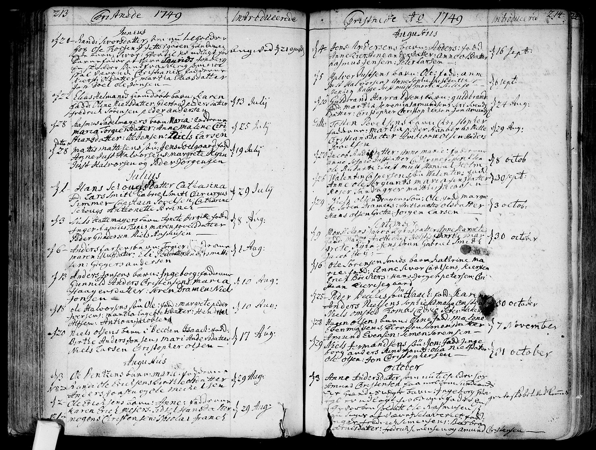Bragernes kirkebøker, SAKO/A-6/F/Fa/L0004: Parish register (official) no. I 4, 1734-1759, p. 213-214