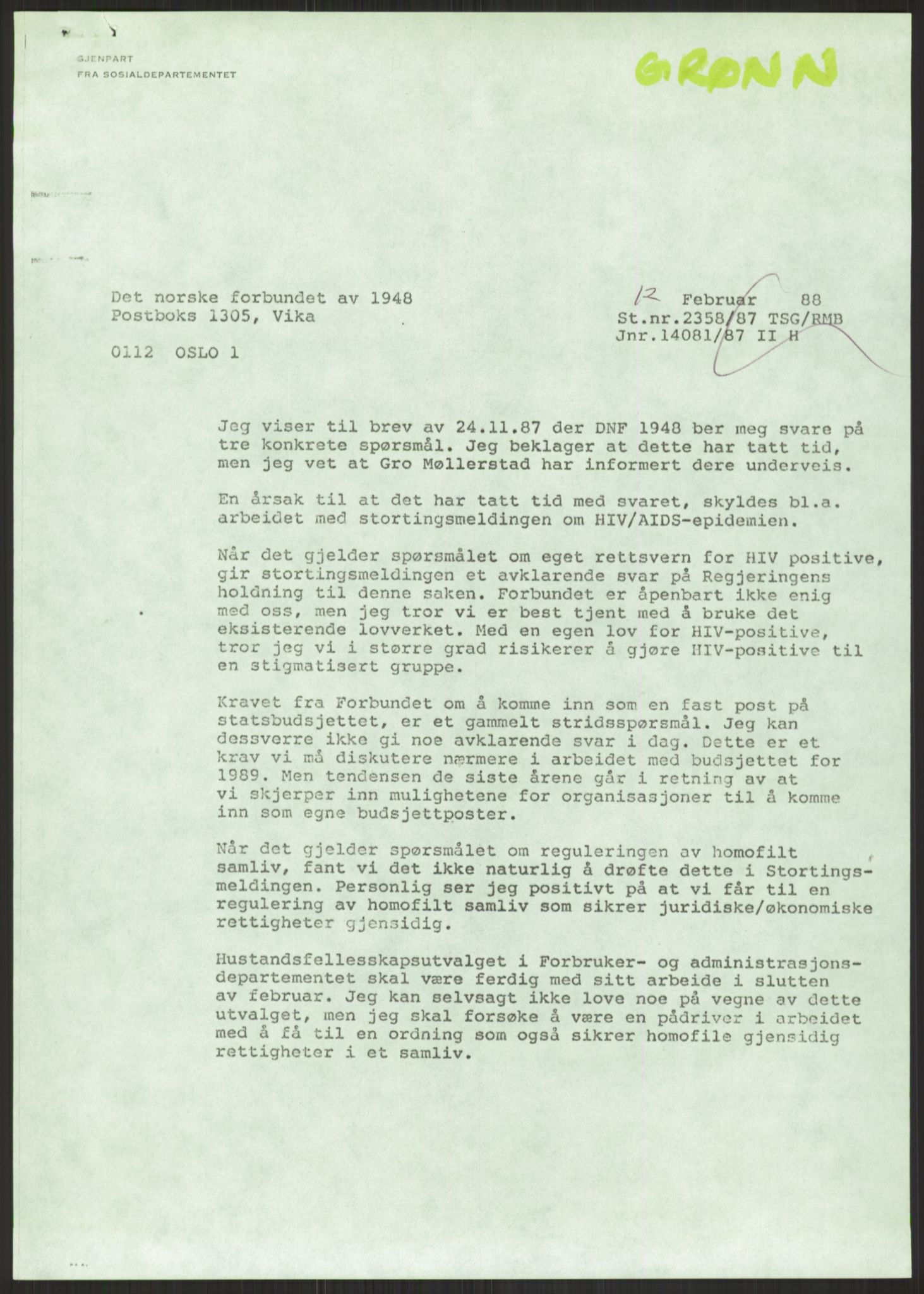 Sosialdepartementet, Administrasjons-, trygde-, plan- og helseavdelingen, AV/RA-S-6179/D/L2240/0004: -- / 619 Diverse. HIV/AIDS, 1987, p. 321