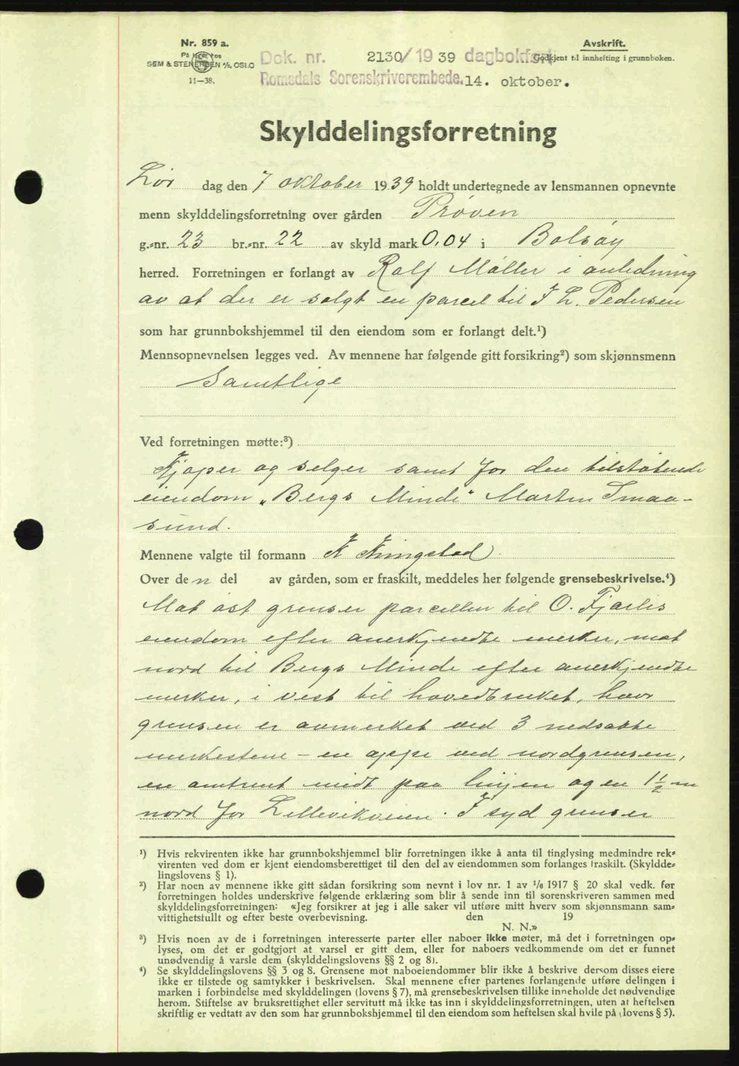 Romsdal sorenskriveri, AV/SAT-A-4149/1/2/2C: Mortgage book no. A7, 1939-1939, Diary no: : 2130/1939