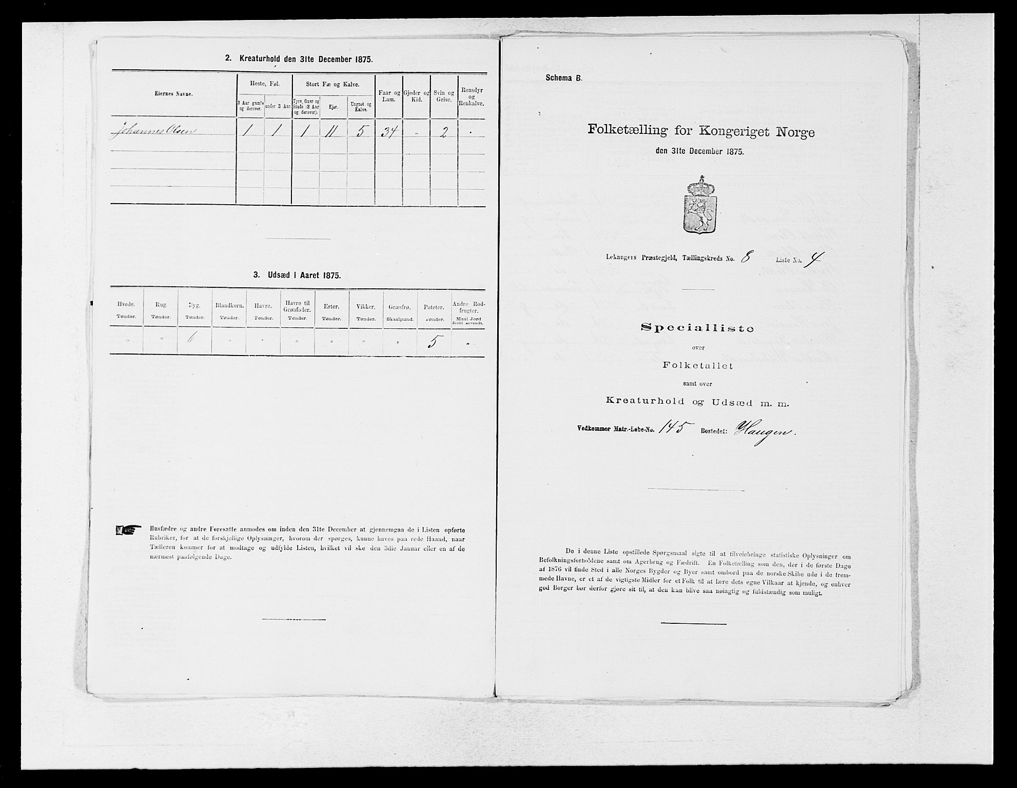 SAB, 1875 census for 1419P Leikanger, 1875, p. 634