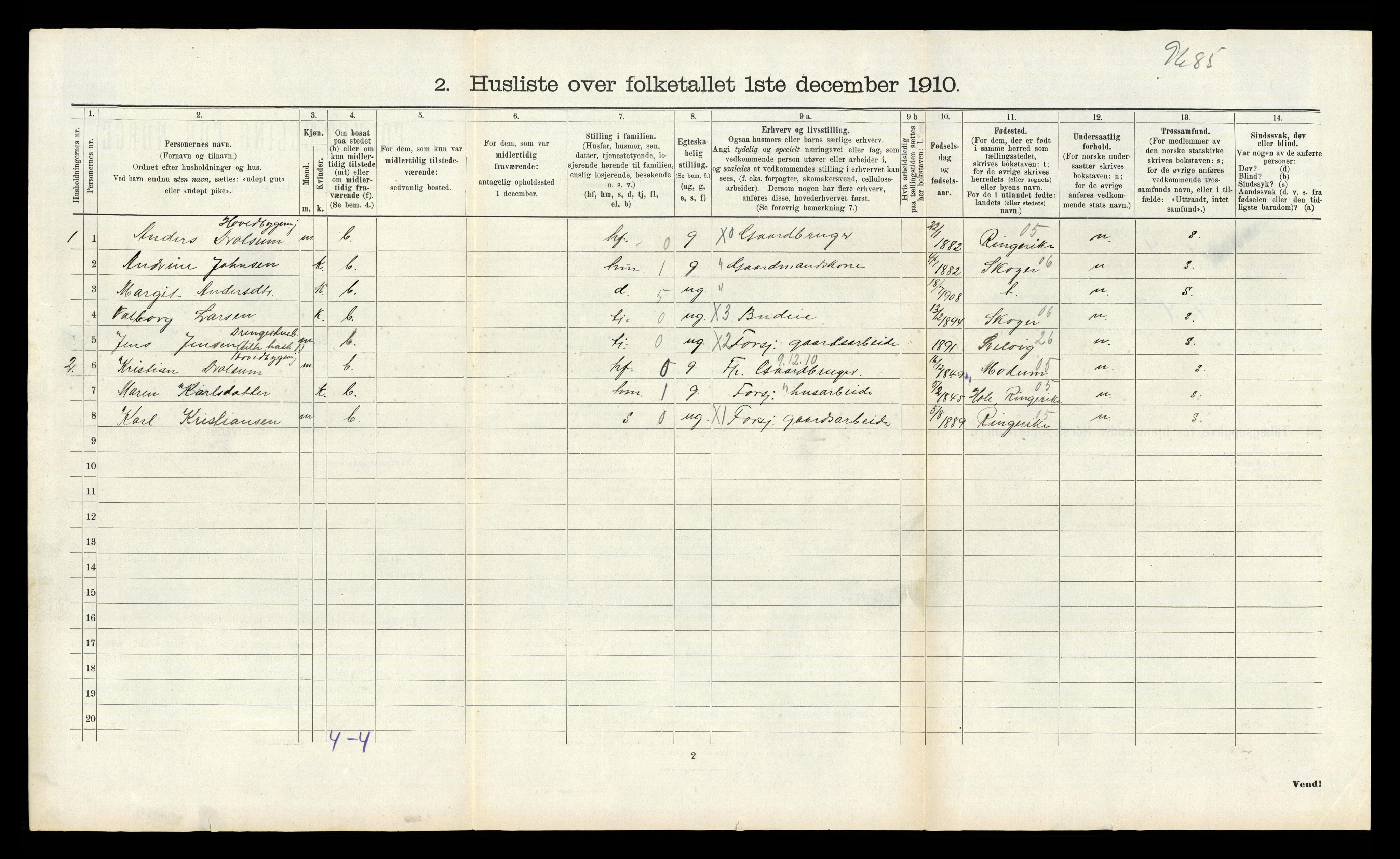 RA, 1910 census for Sande, 1910, p. 710