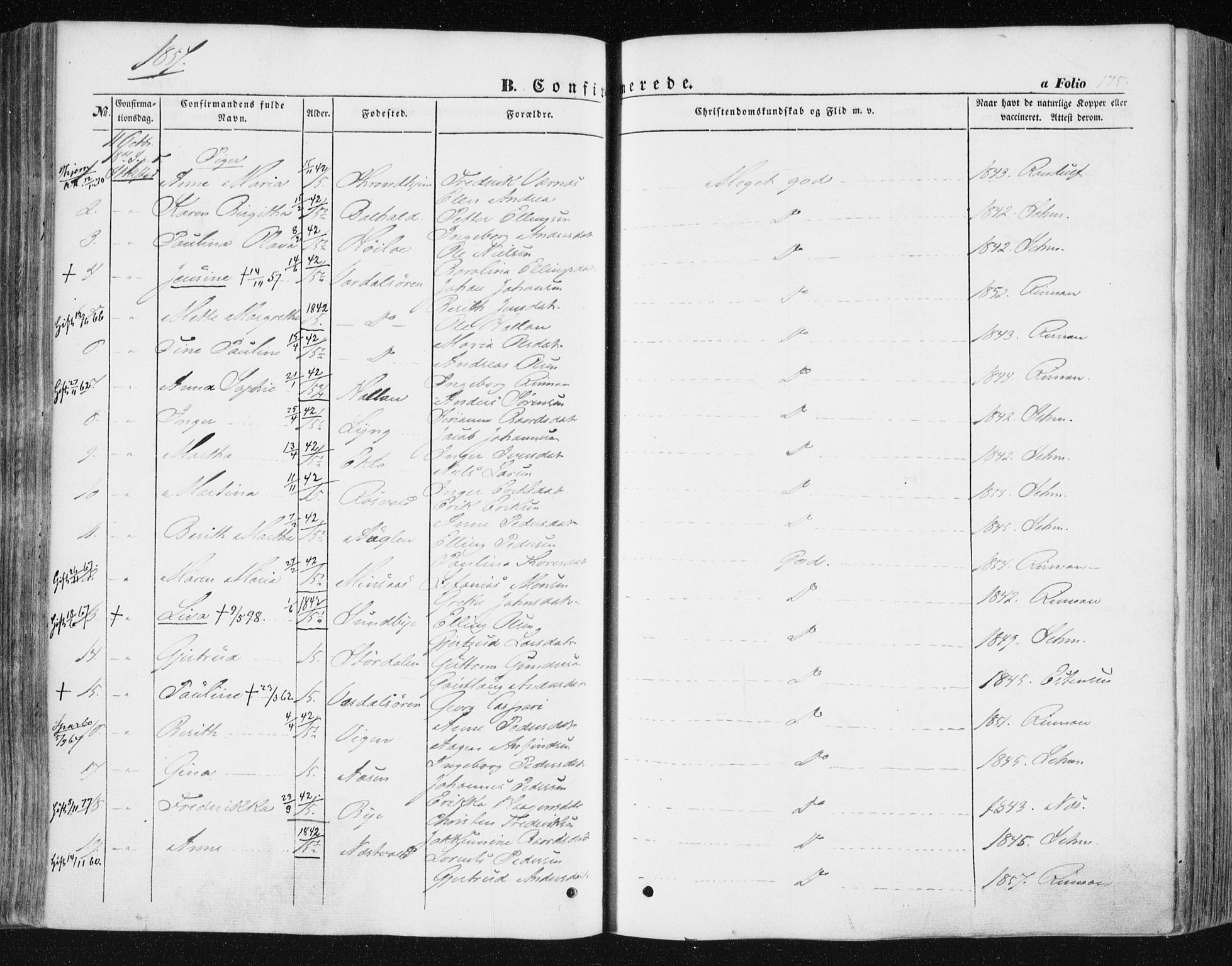 Ministerialprotokoller, klokkerbøker og fødselsregistre - Nord-Trøndelag, AV/SAT-A-1458/723/L0240: Parish register (official) no. 723A09, 1852-1860, p. 175