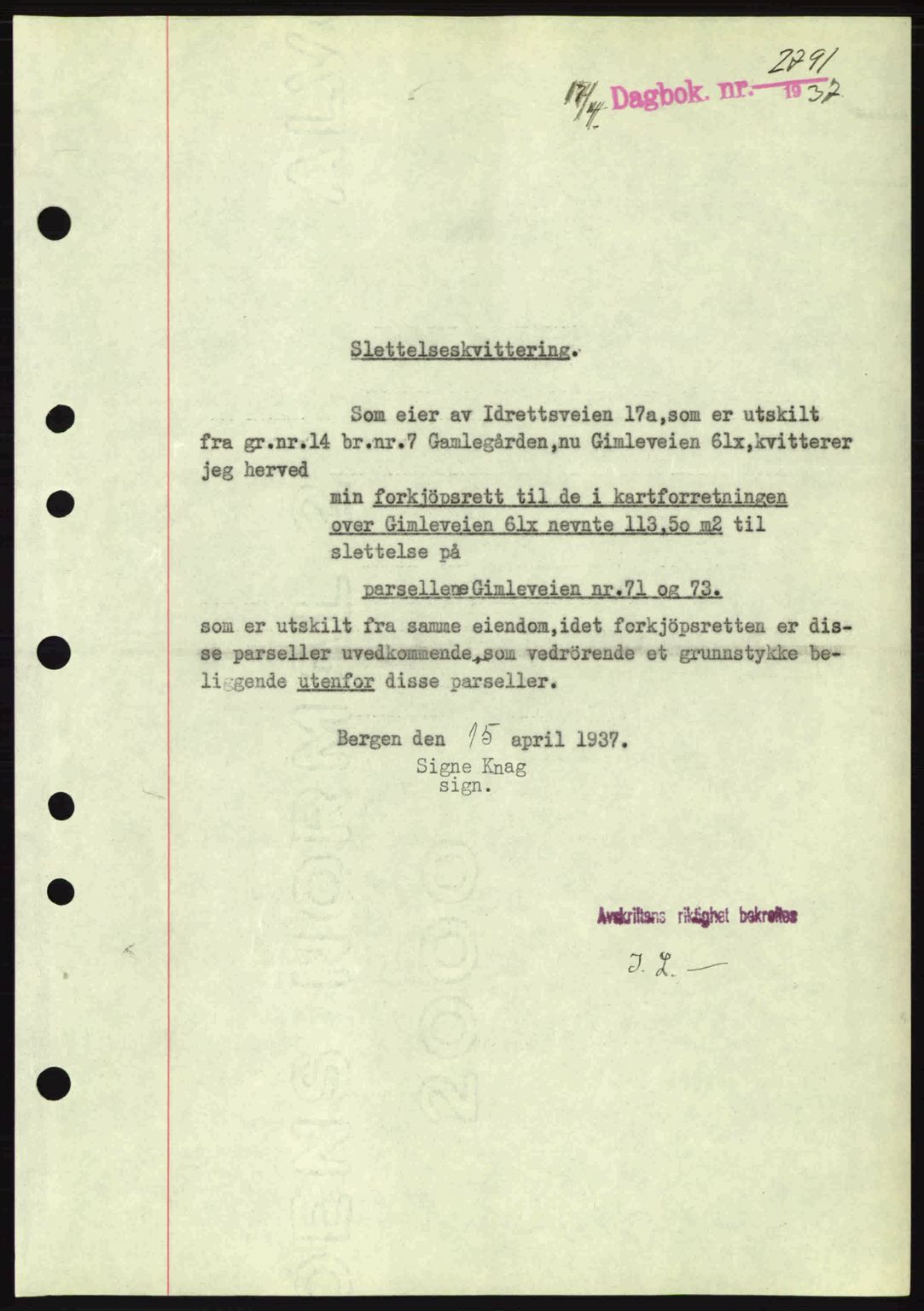Byfogd og Byskriver i Bergen, SAB/A-3401/03/03Bc/L0004: Mortgage book no. A3-4, 1936-1937, Diary no: : 2791/1937