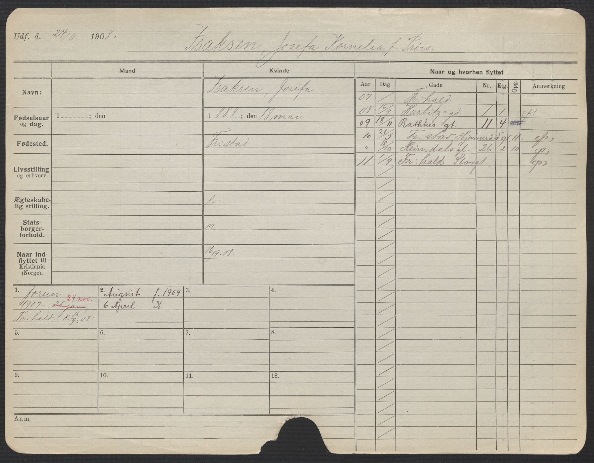 Oslo folkeregister, Registerkort, AV/SAO-A-11715/F/Fa/Fac/L0017: Kvinner, 1906-1914, p. 53a