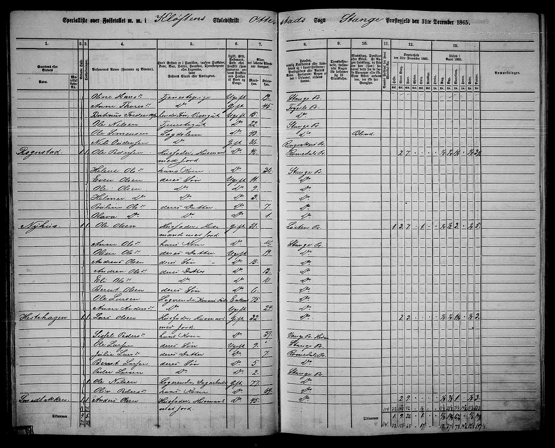 RA, 1865 census for Stange, 1865, p. 39