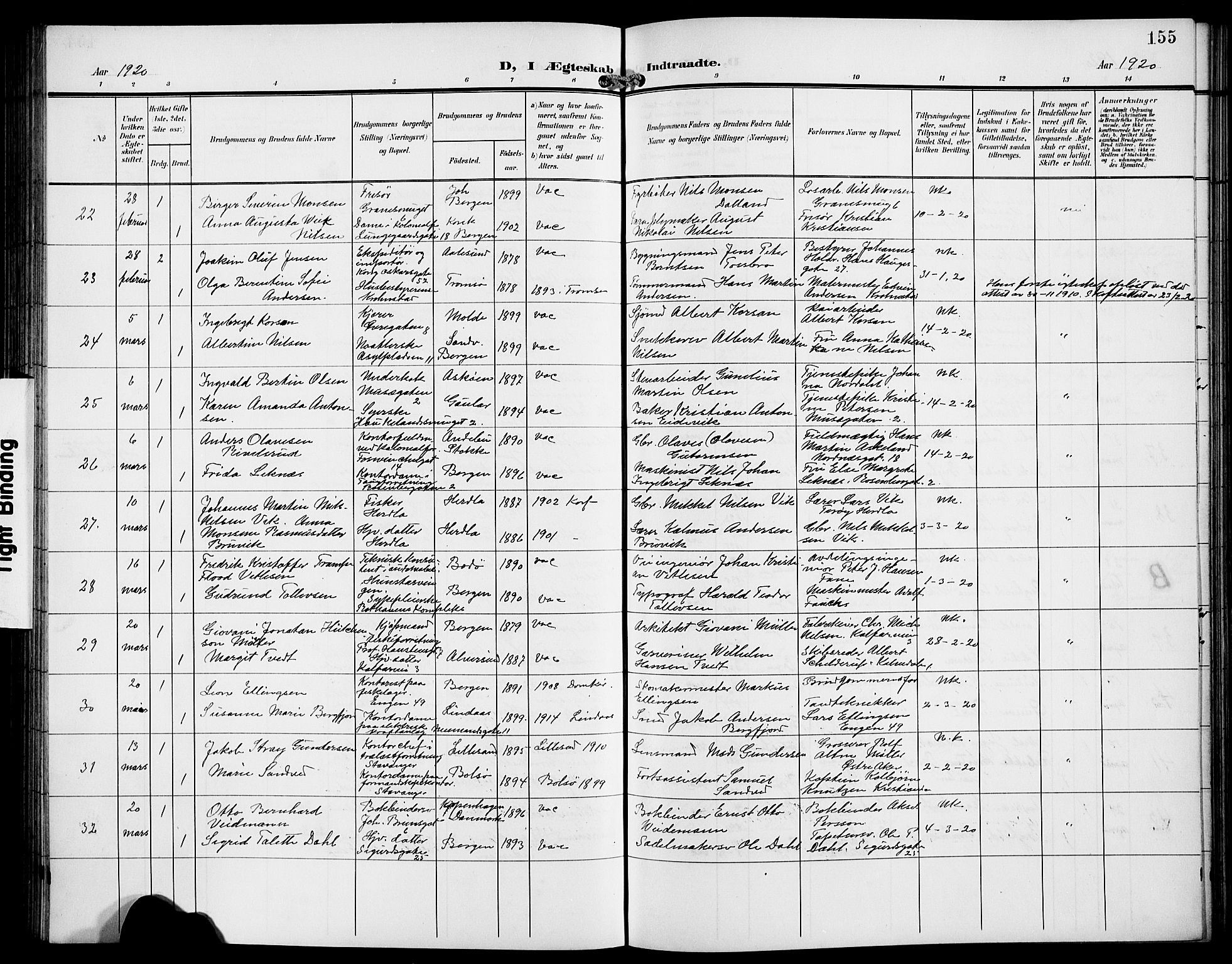 Domkirken sokneprestembete, AV/SAB-A-74801/H/Hab/L0033: Parish register (copy) no. D 5, 1907-1924, p. 155