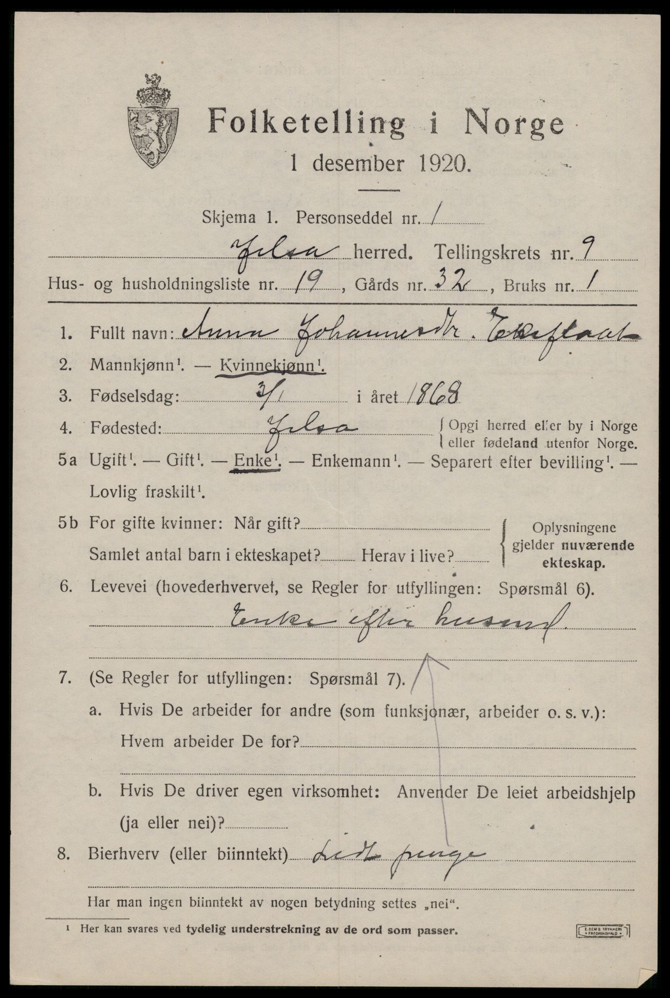 SAST, 1920 census for Jelsa, 1920, p. 2600