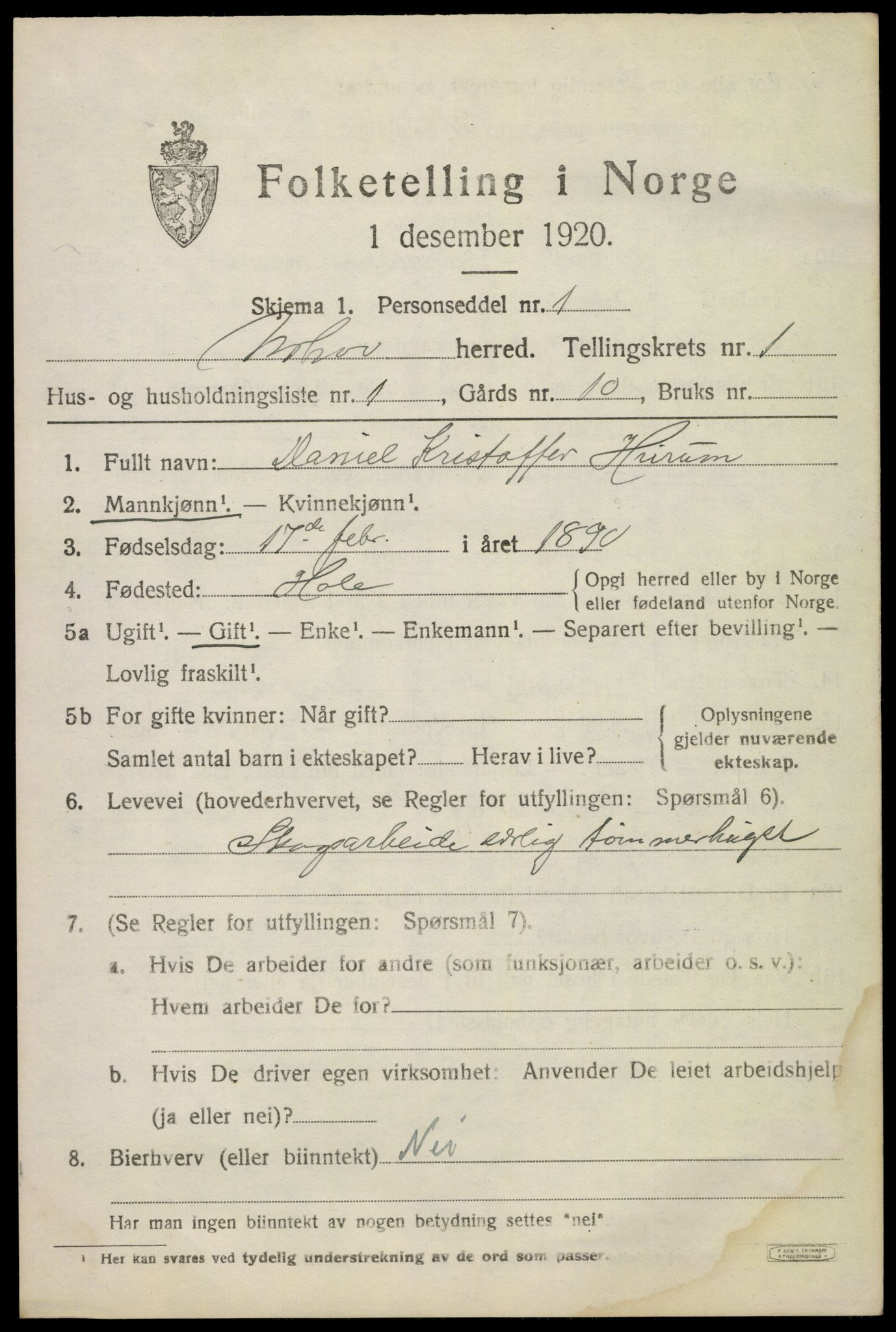 SAKO, 1920 census for Norderhov, 1920, p. 3606