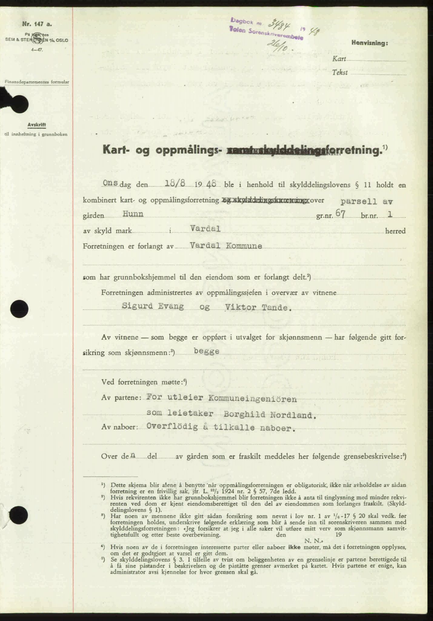 Toten tingrett, SAH/TING-006/H/Hb/Hbc/L0020: Mortgage book no. Hbc-20, 1948-1948, Diary no: : 3484/1948