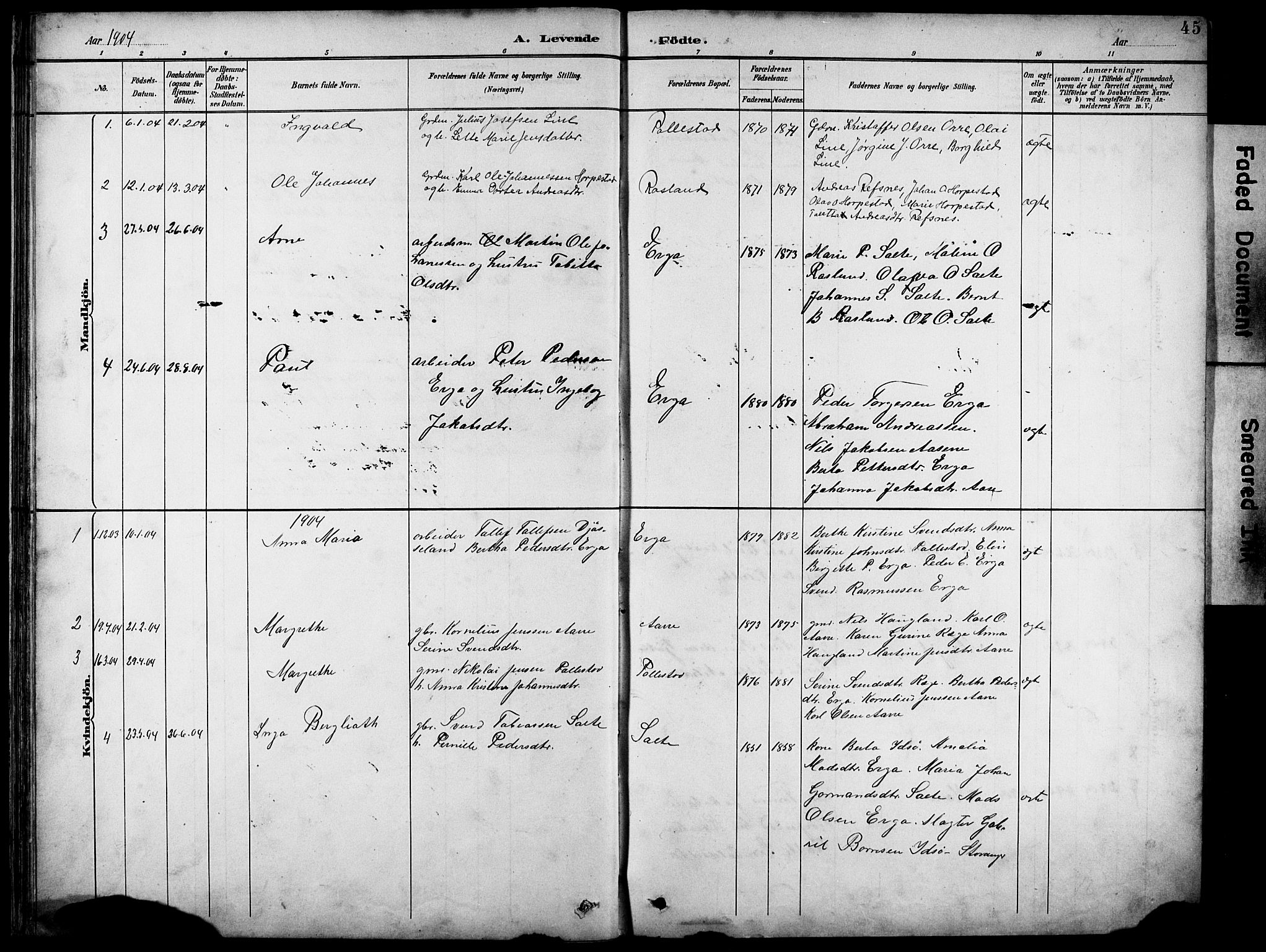 Klepp sokneprestkontor, AV/SAST-A-101803/001/3/30BB/L0005: Parish register (copy) no. B 5, 1889-1918, p. 45