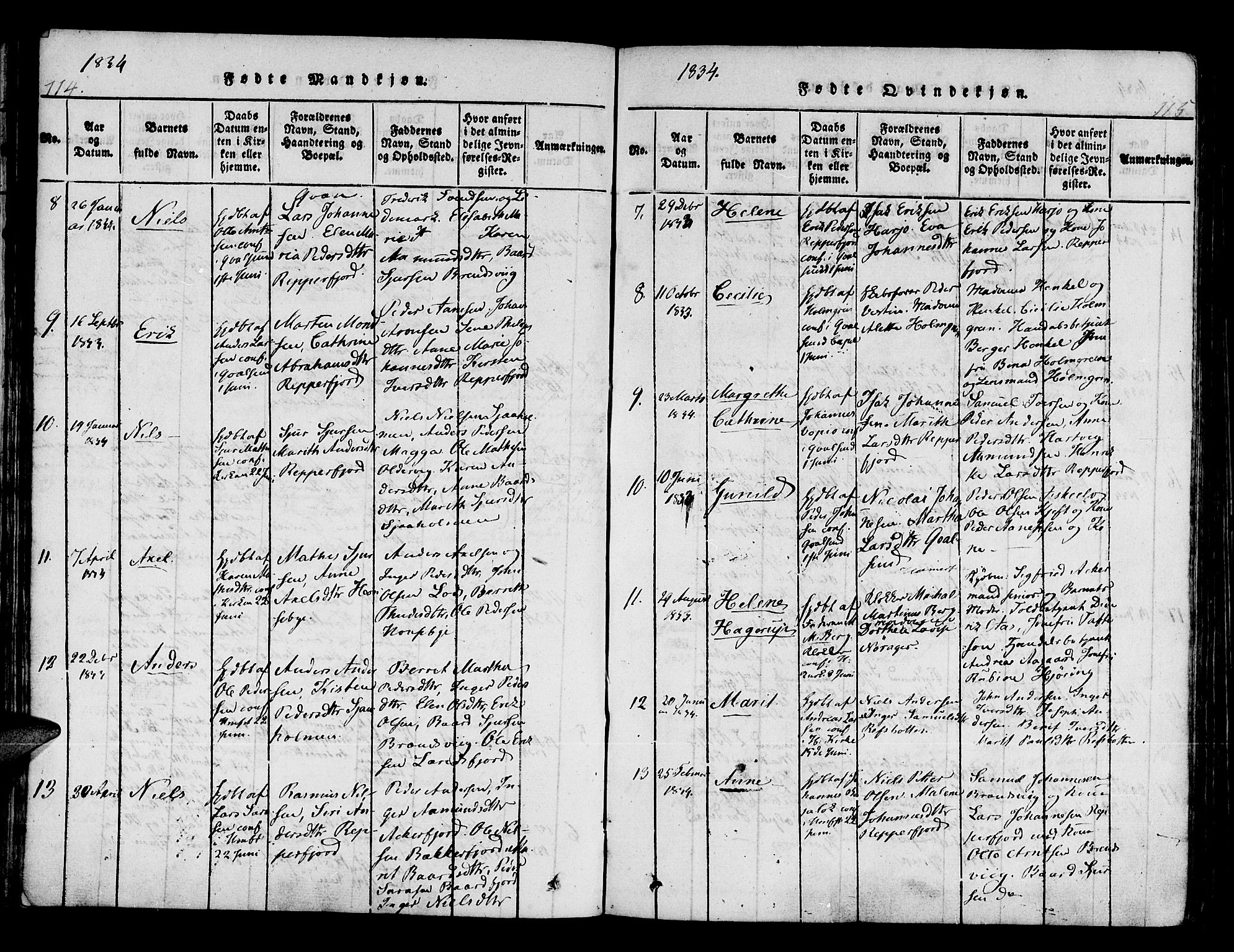 Hammerfest sokneprestkontor, AV/SATØ-S-1347/H/Ha/L0003.kirke: Parish register (official) no. 3, 1821-1842, p. 114-115