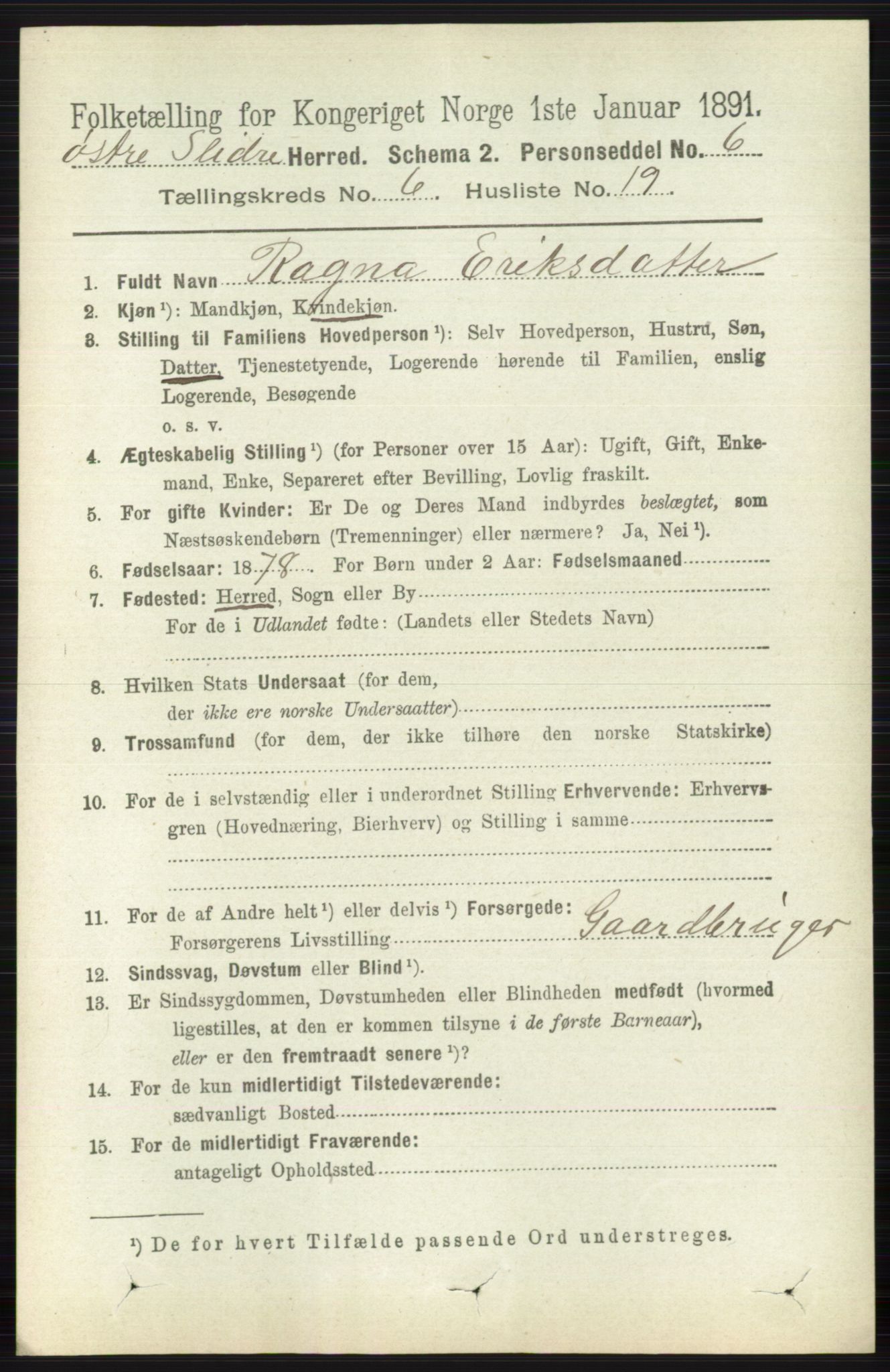 RA, 1891 census for 0544 Øystre Slidre, 1891, p. 1899