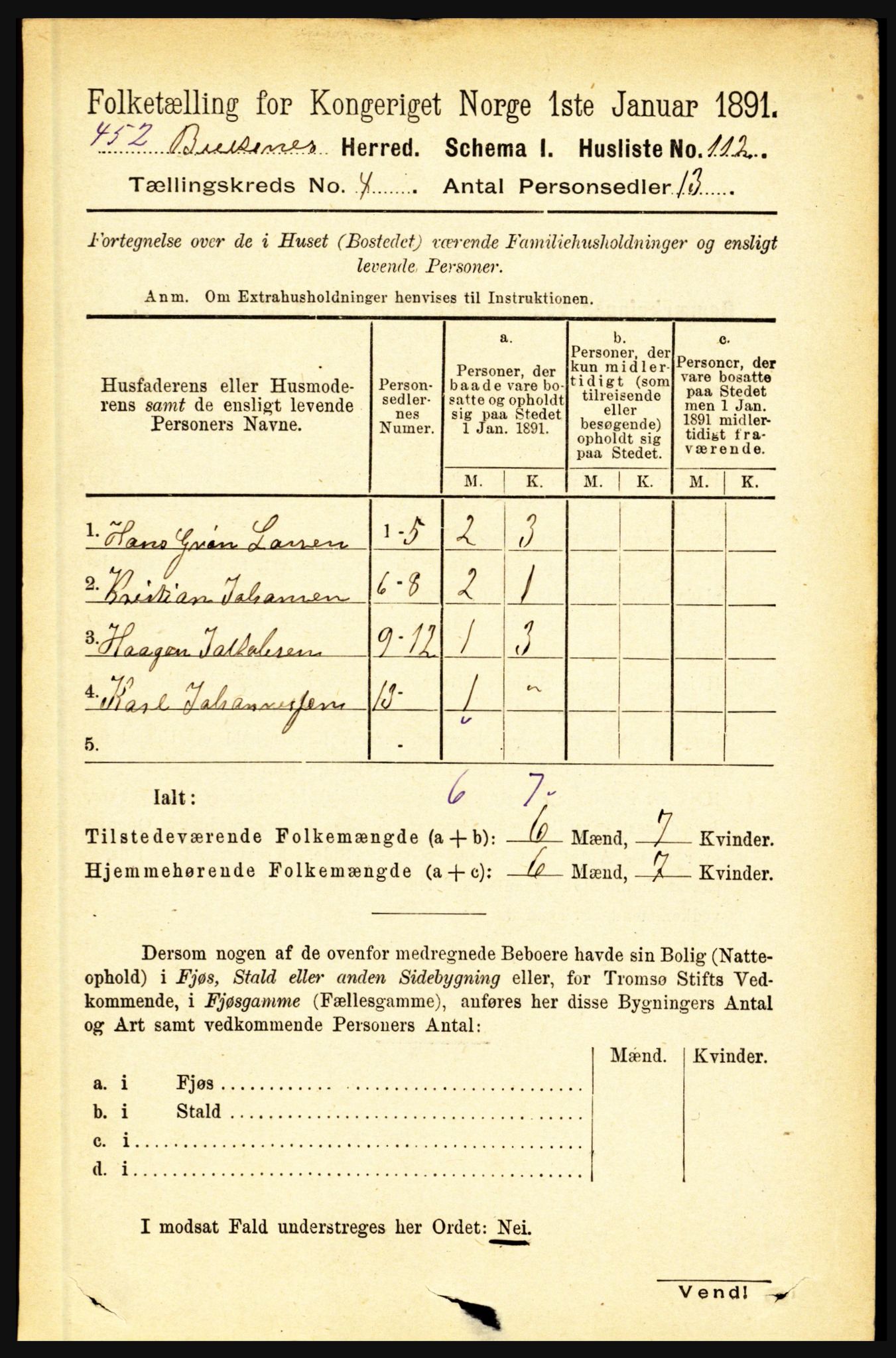 RA, 1891 census for 1860 Buksnes, 1891, p. 3012