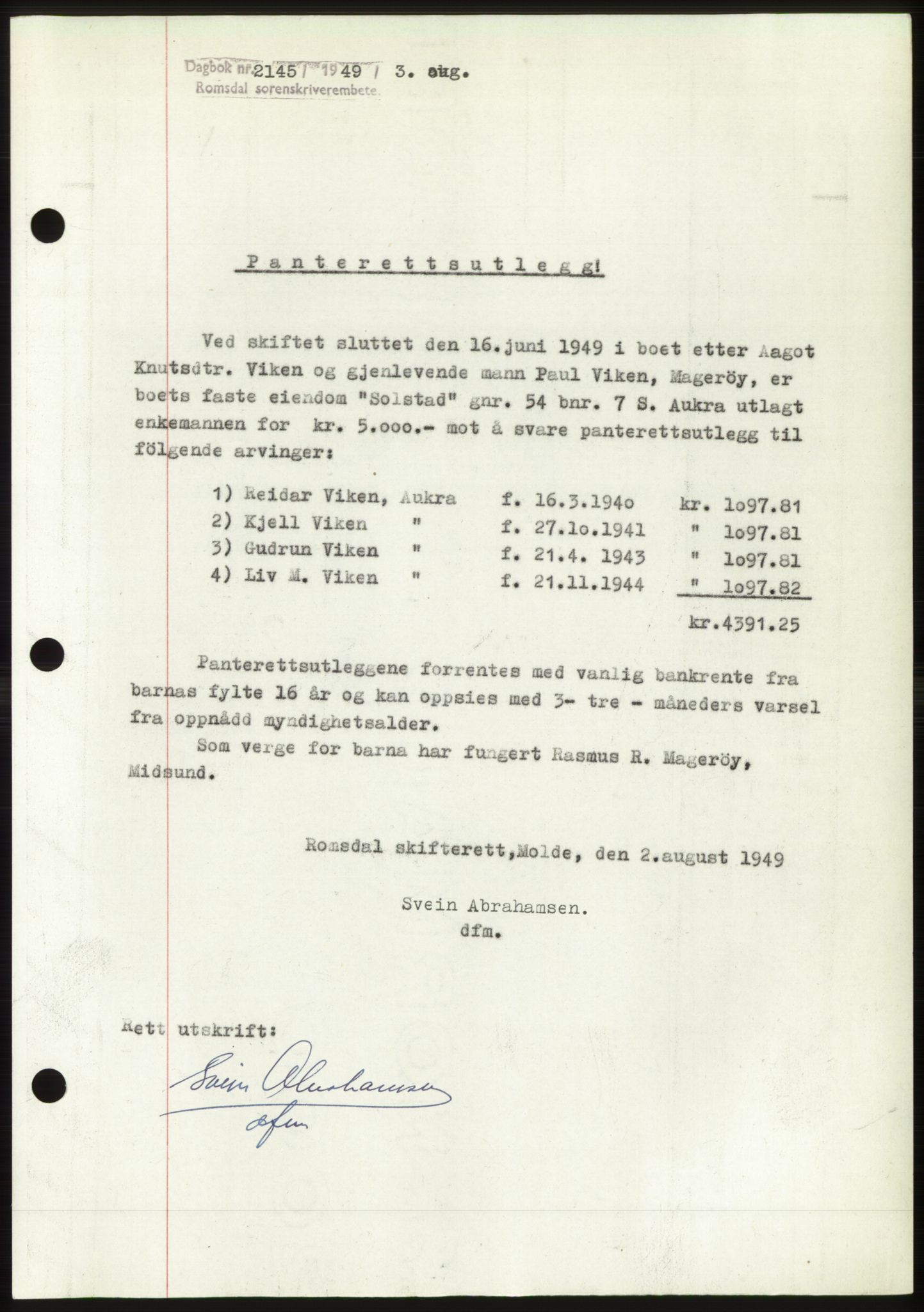 Romsdal sorenskriveri, AV/SAT-A-4149/1/2/2C: Mortgage book no. B4, 1948-1949, Diary no: : 2145/1949