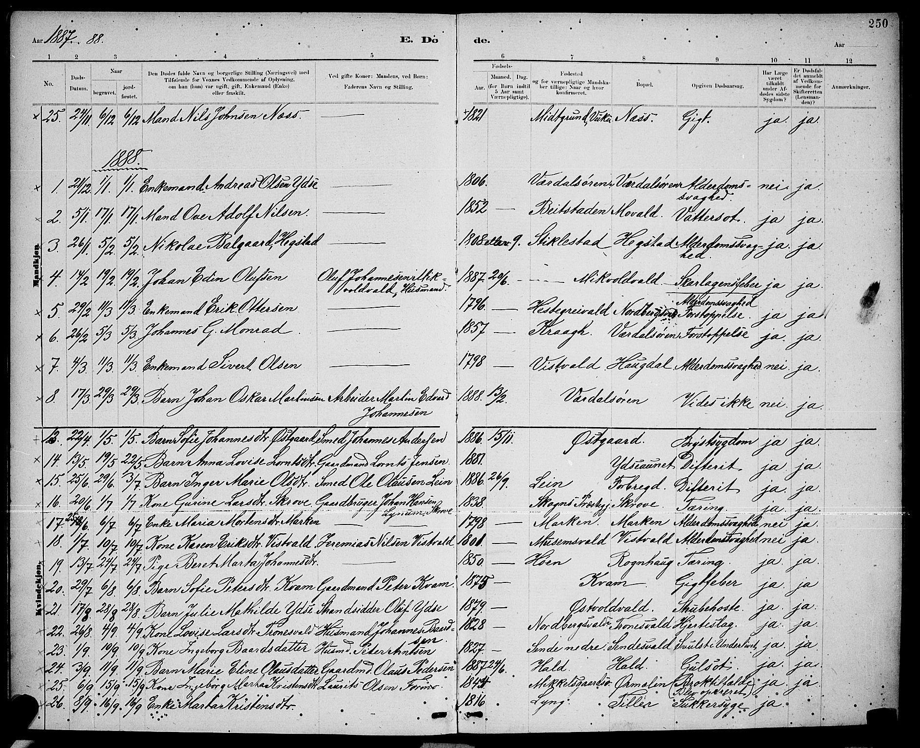 Ministerialprotokoller, klokkerbøker og fødselsregistre - Nord-Trøndelag, SAT/A-1458/723/L0256: Parish register (copy) no. 723C04, 1879-1890, p. 250