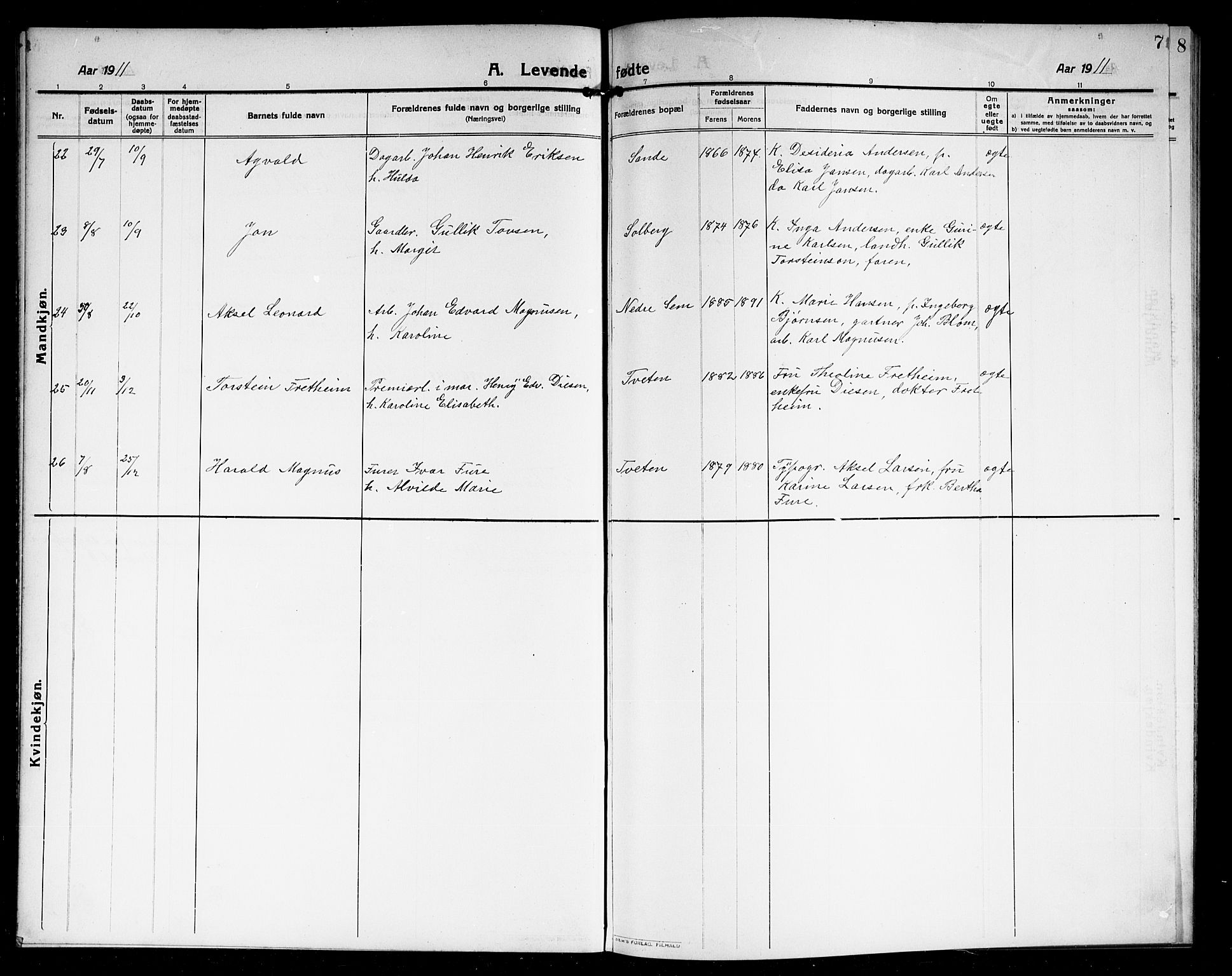Borre kirkebøker, SAKO/A-338/G/Ga/L0006: Parish register (copy) no. I 6, 1911-1919, p. 7
