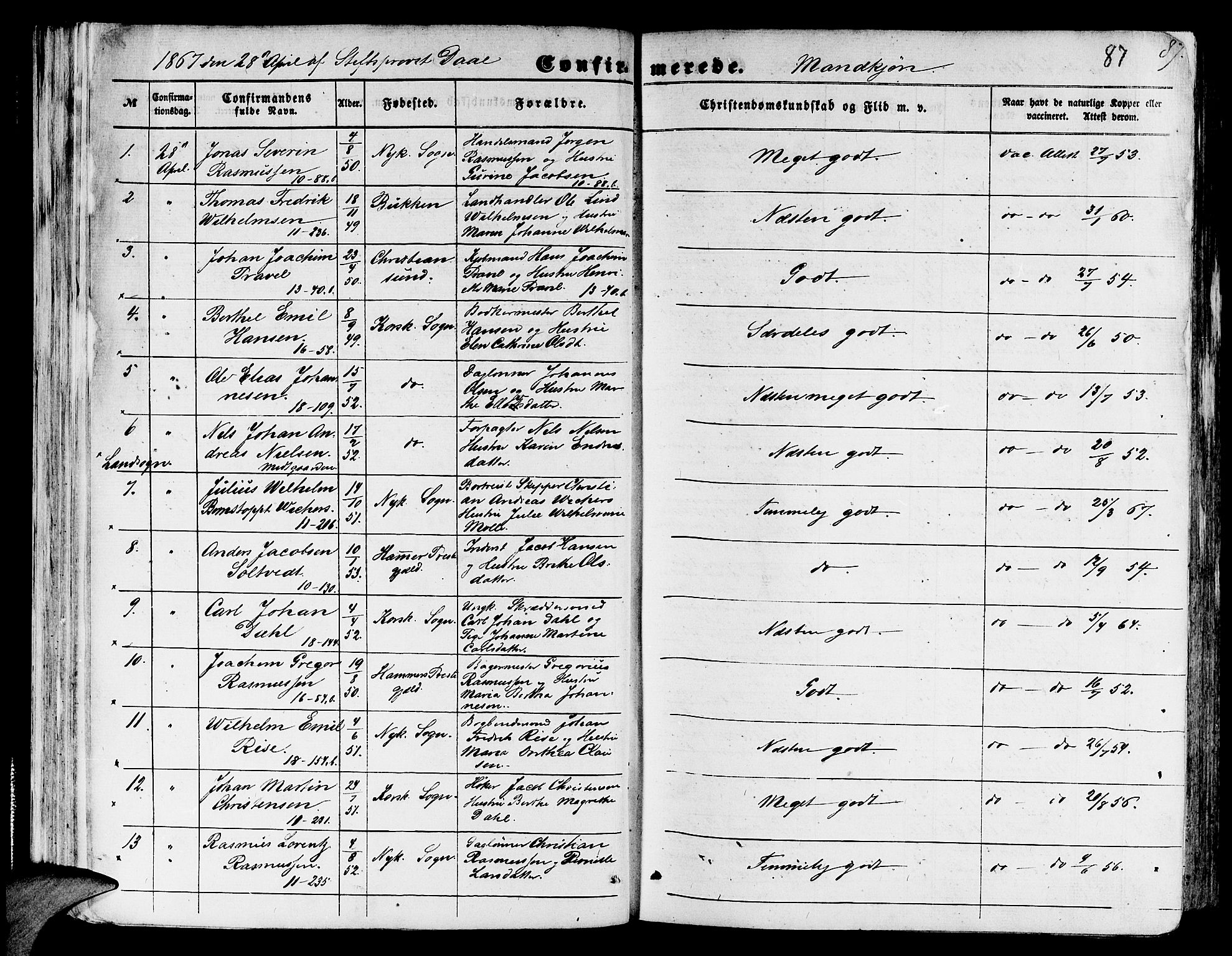 Domkirken sokneprestembete, SAB/A-74801/H/Hab/L0023: Parish register (copy) no. C 3, 1854-1880, p. 87