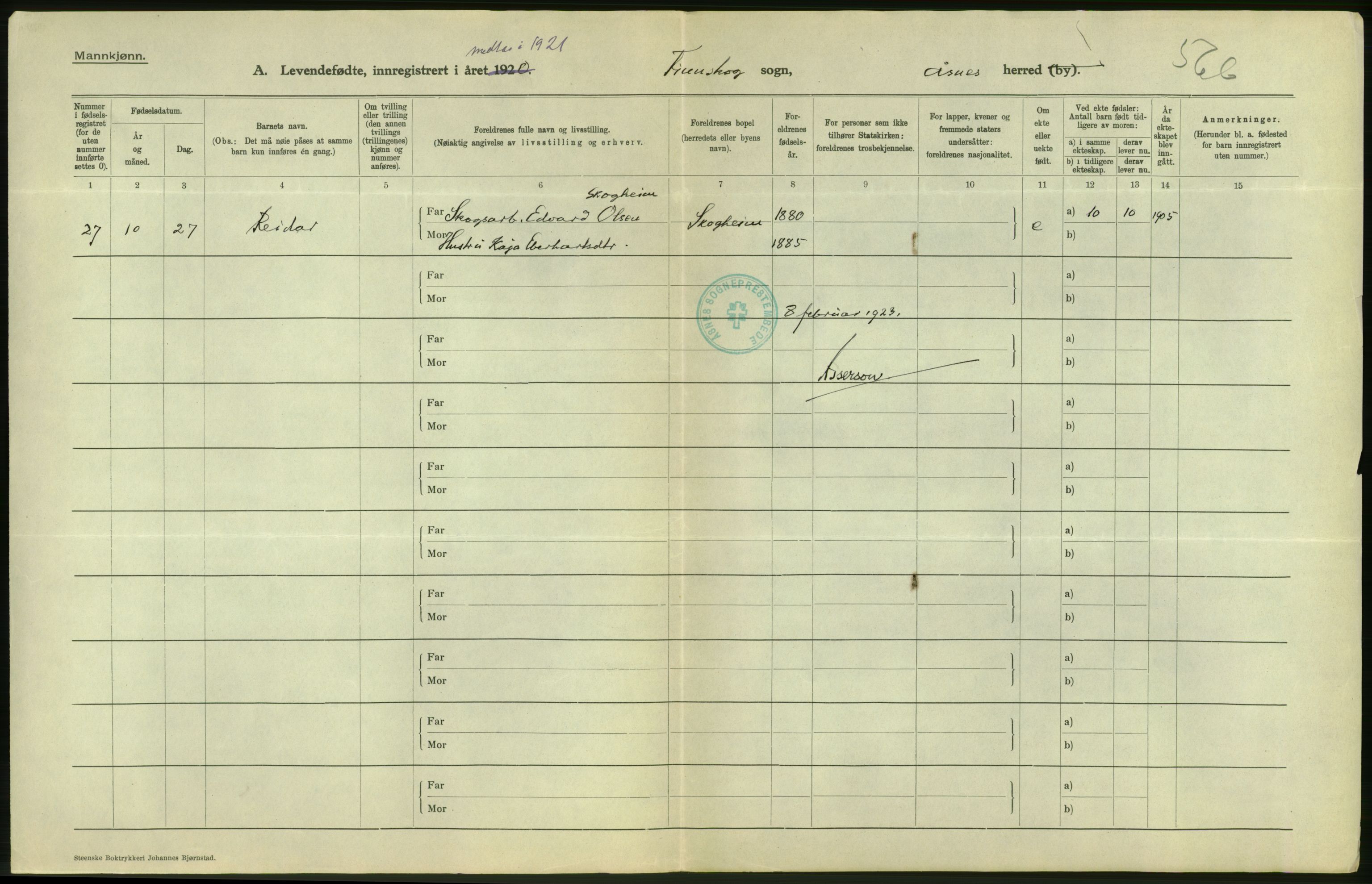 Statistisk sentralbyrå, Sosiodemografiske emner, Befolkning, AV/RA-S-2228/D/Df/Dfc/Dfca/L0014: Hedemark fylke: Levendefødte menn og kvinner. Bygder., 1921, p. 20