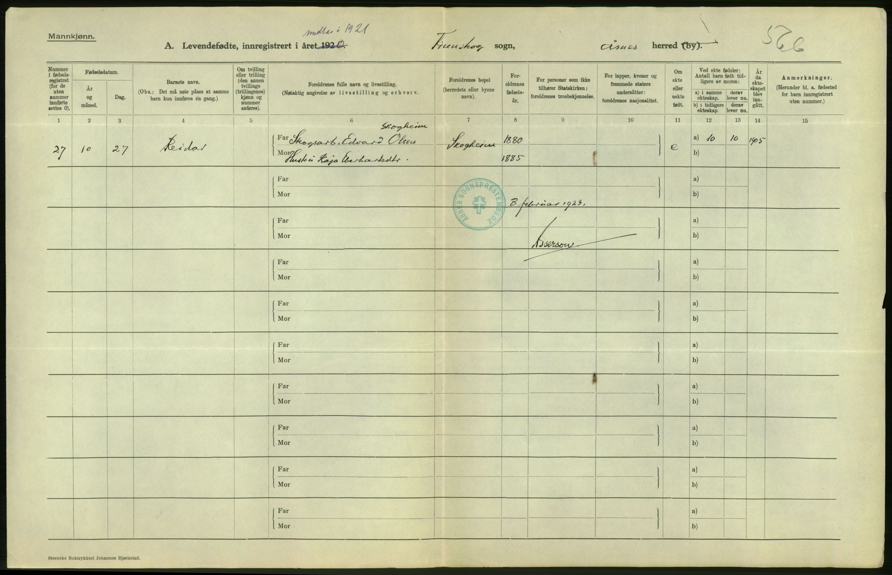 Statistisk sentralbyrå, Sosiodemografiske emner, Befolkning, RA/S-2228/D/Df/Dfc/Dfca/L0014: Hedemark fylke: Levendefødte menn og kvinner. Bygder., 1921, p. 20