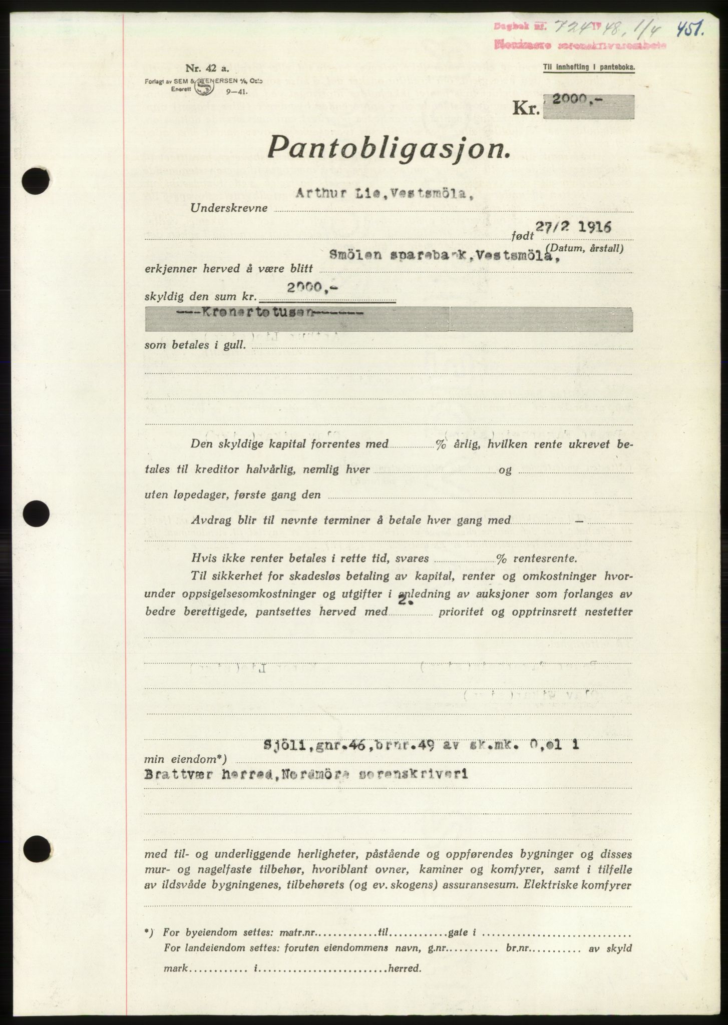 Nordmøre sorenskriveri, AV/SAT-A-4132/1/2/2Ca: Mortgage book no. B98, 1948-1948, Diary no: : 724/1948