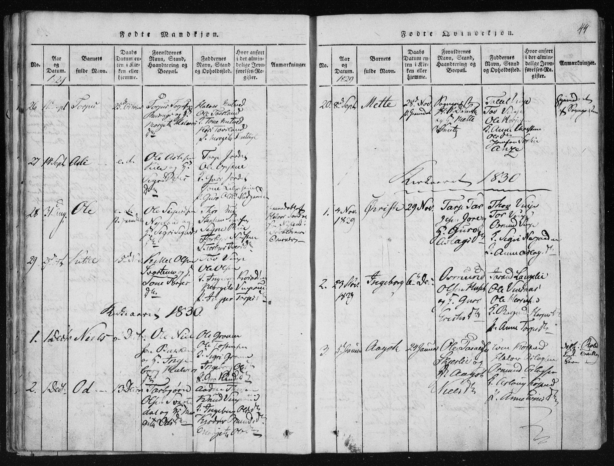 Vinje kirkebøker, SAKO/A-312/F/Fa/L0003: Parish register (official) no. I 3, 1814-1843, p. 44