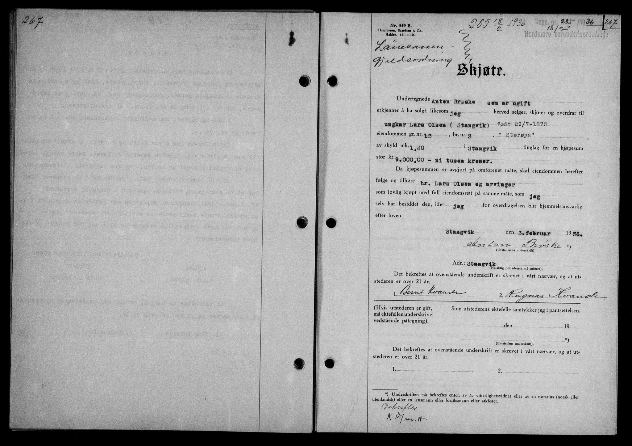 Nordmøre sorenskriveri, AV/SAT-A-4132/1/2/2Ca/L0087: Mortgage book no. 77, 1935-1936, Deed date: 18.02.1936