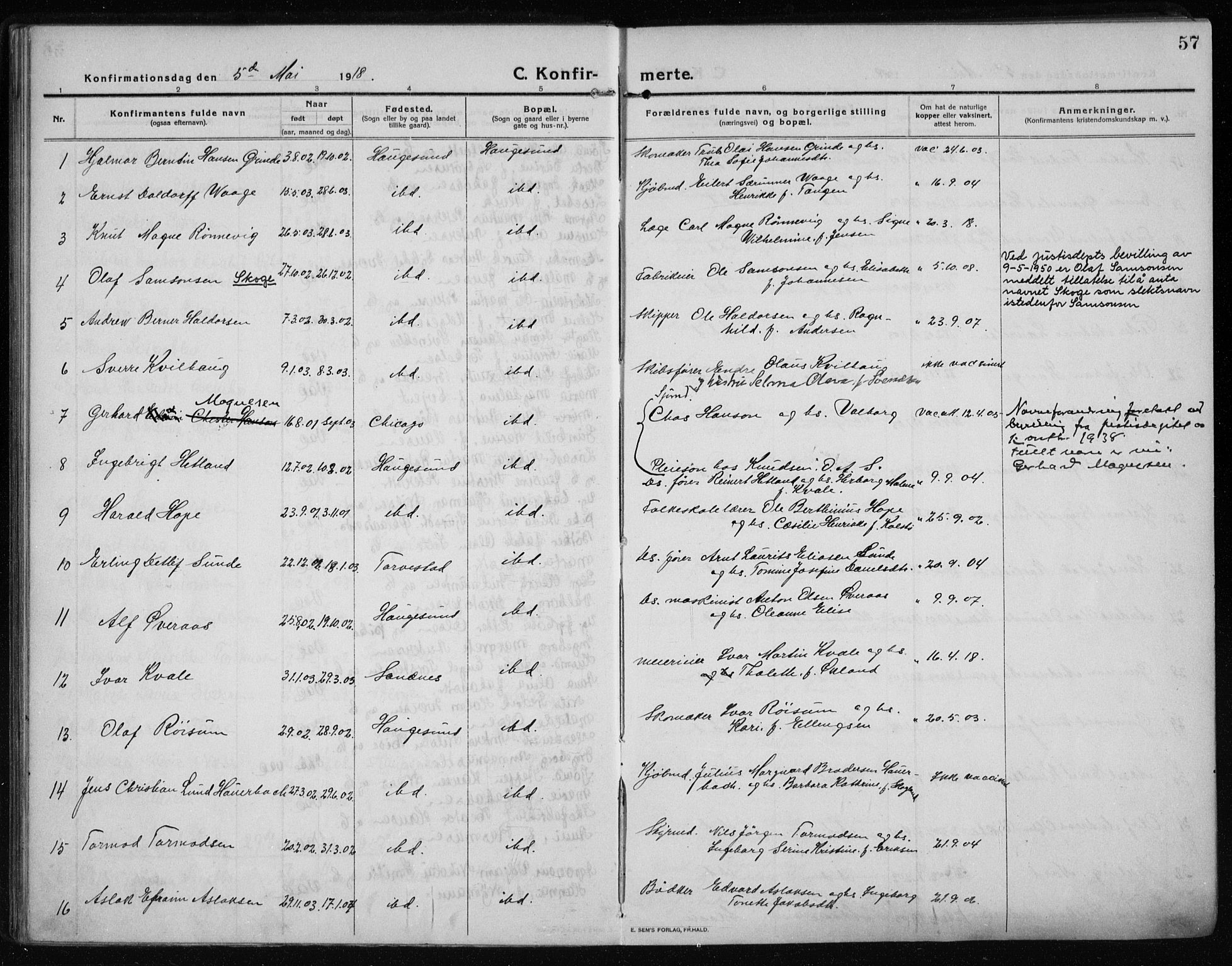 Haugesund sokneprestkontor, AV/SAST-A -101863/H/Ha/Haa/L0009: Parish register (official) no. A 9, 1914-1929, p. 57