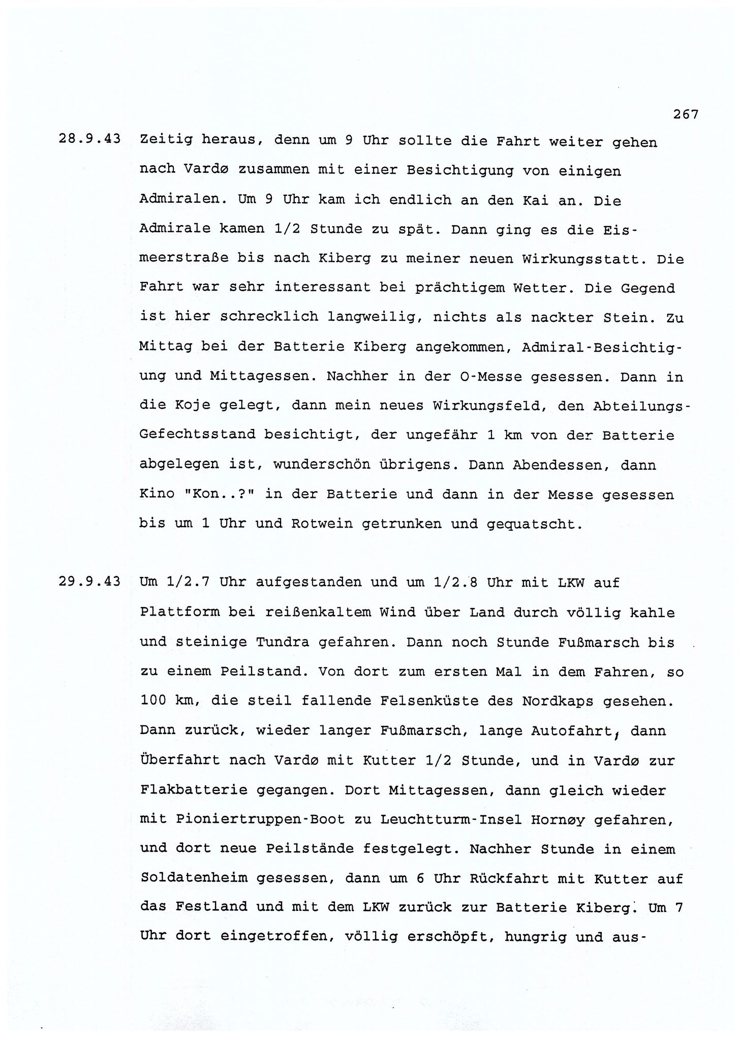 Dagbokopptegnelser av en tysk marineoffiser stasjonert i Norge , FMFB/A-1160/F/L0001: Dagbokopptegnelser av en tysk marineoffiser stasjonert i Norge, 1941-1944, p. 267