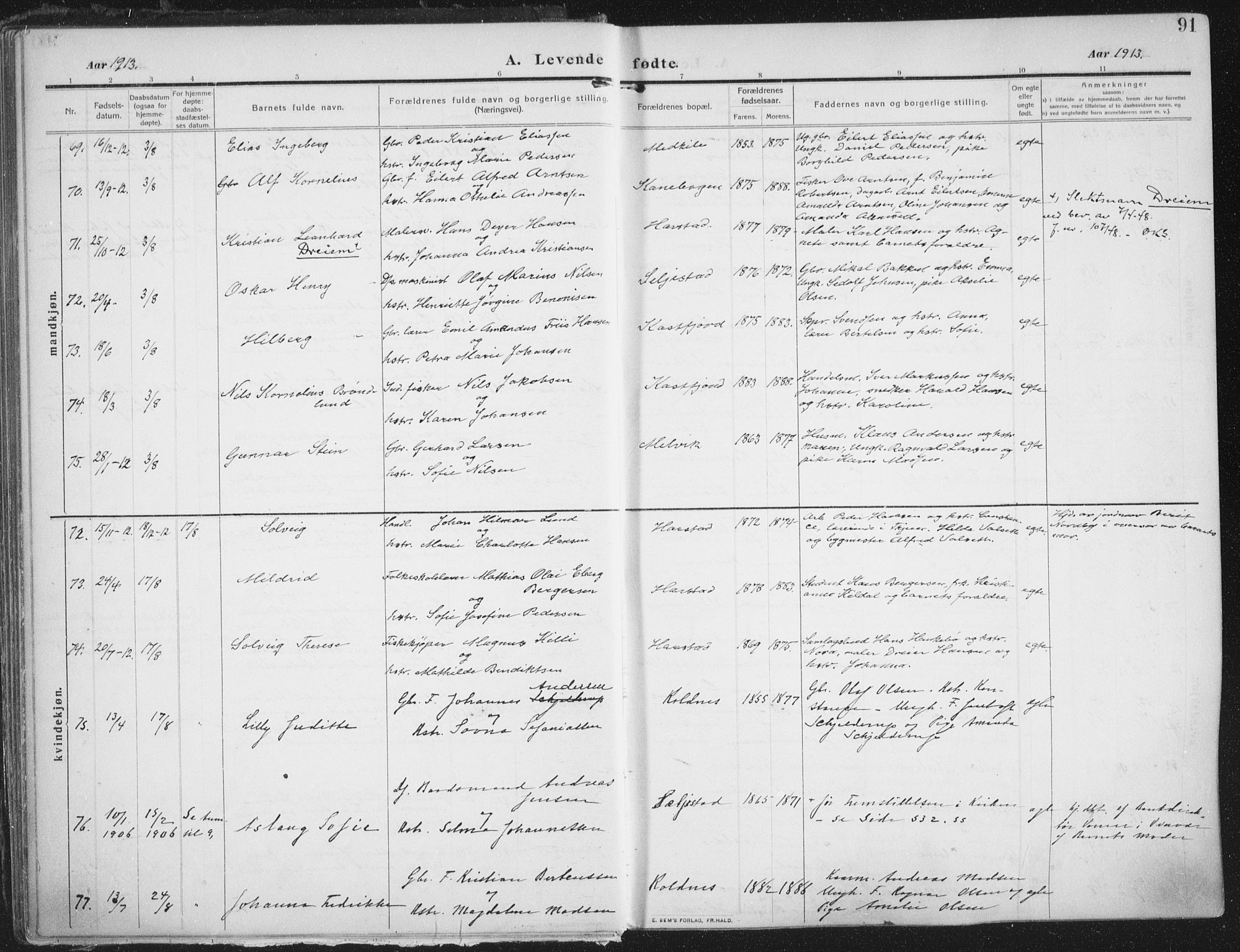 Trondenes sokneprestkontor, SATØ/S-1319/H/Ha/L0018kirke: Parish register (official) no. 18, 1909-1918, p. 91