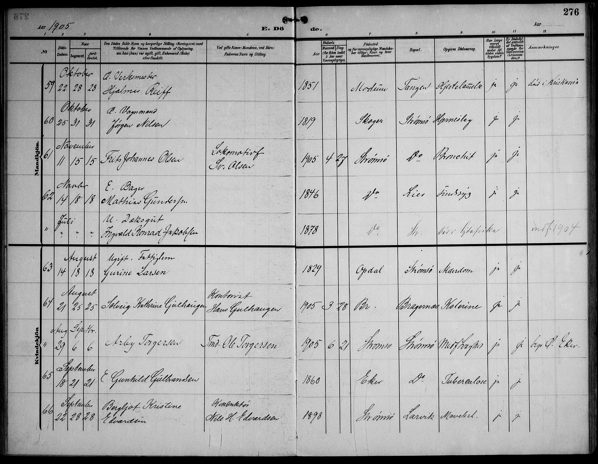 Strømsø kirkebøker, AV/SAKO-A-246/F/Fa/L0026: Parish register (official) no. I 26, 1905-1914, p. 276