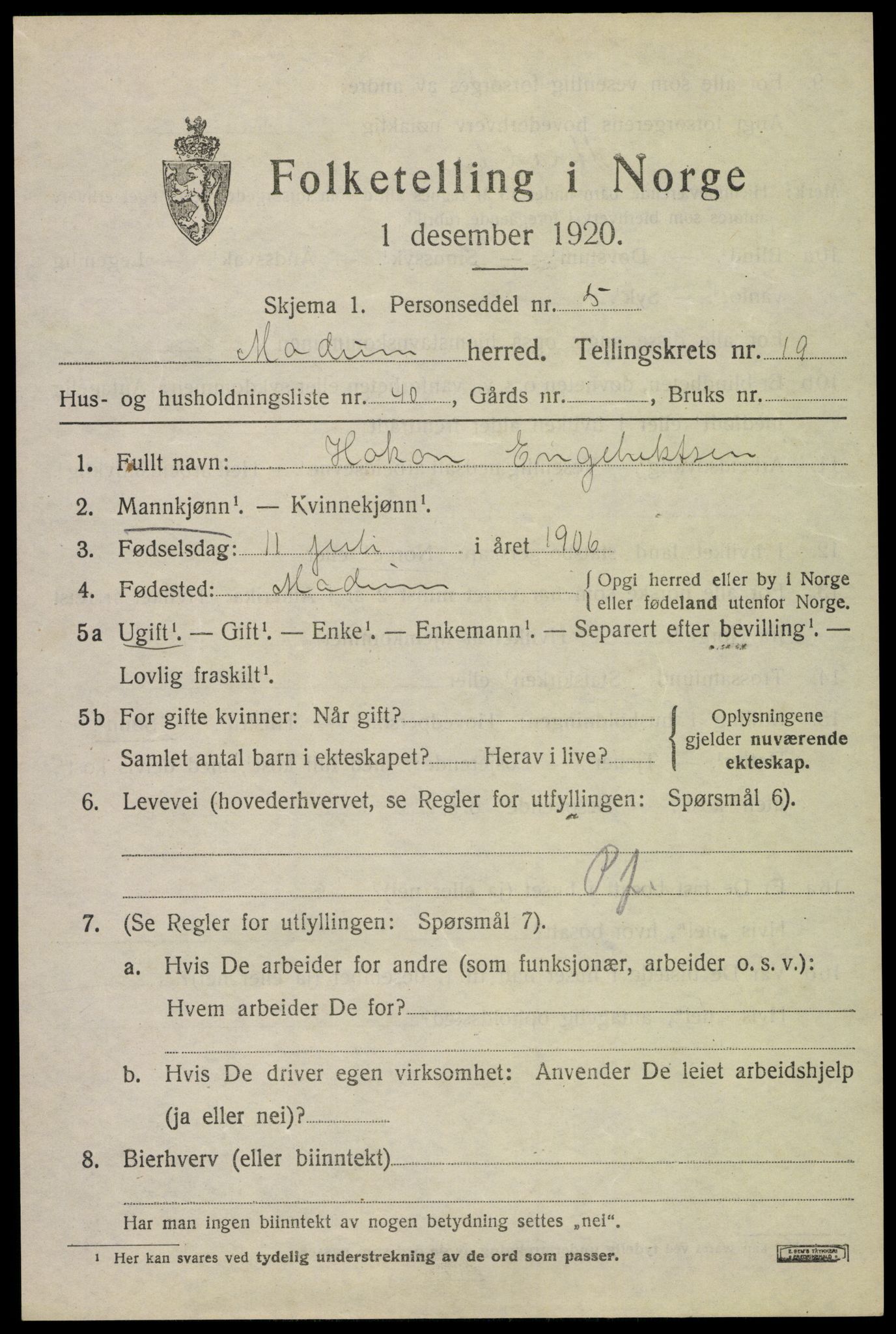 SAKO, 1920 census for Modum, 1920, p. 22099